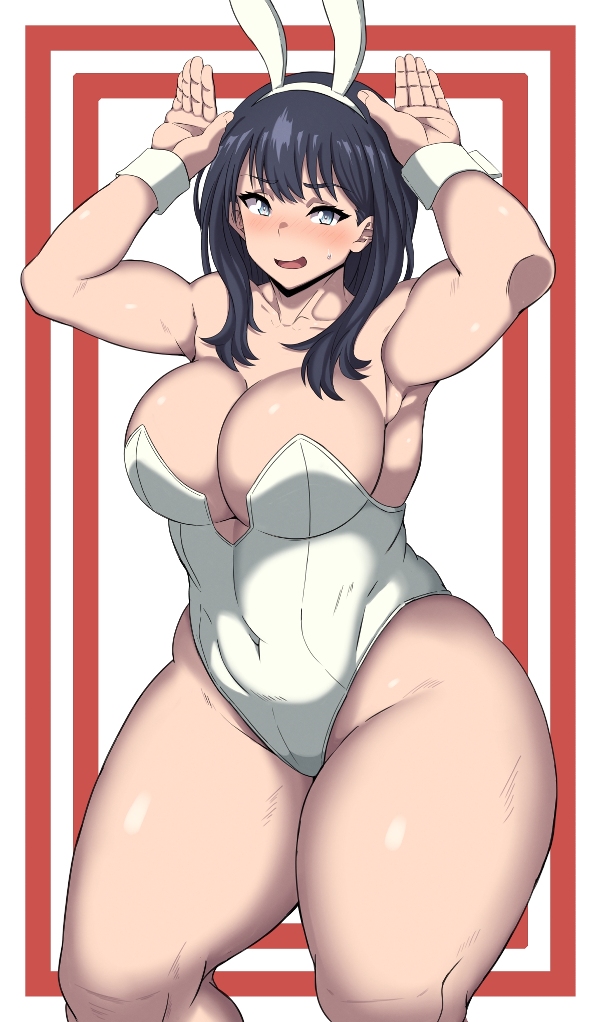 1girls, armpits, big breasts, black hair, blue eyes, breasts, bunny ears, bunny girl, bunny pose, bunnysuit, fake animal ears, female, female only, huge breasts, leotard, oryuto, solo, ssss.gridman, standing, takarada rikka, thick thighs, voluptuous, wide hips