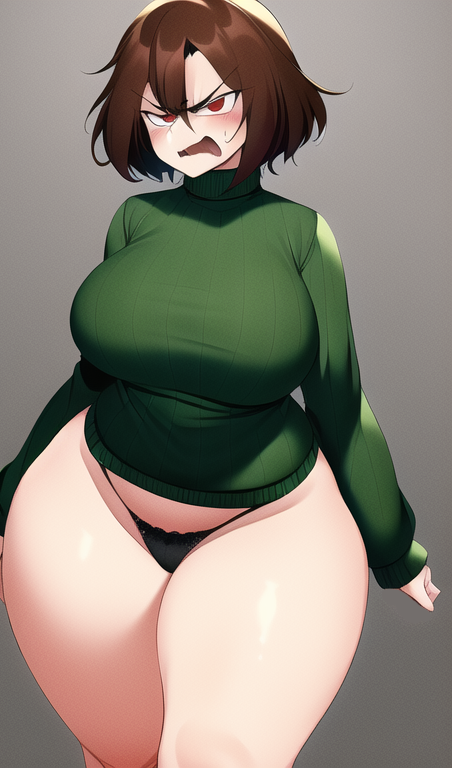 1girls 2d ai_generated angry annoyed bare_thighs bikini_bottom black_panties black_thong blush brown_hair chara curvy embarrassed female female_only gardener_ai hourglass_figure large_breasts medium_hair nai_diffusion narrow_shoulders no_pants open_mouth panties red_eyes skimpy skimpy_panties solo stable_diffusion string_panties sweater thick_thighs thin_arms thin_waist thong turtleneck undertale undertale_(series) wide_hips