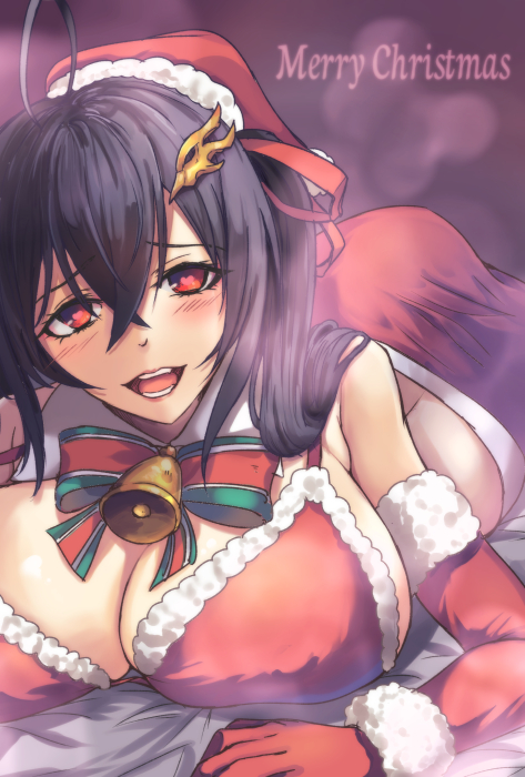 1girls ahoge ass azur_lane bangs bell bikini black_hair bow bowtie breasts christmas cleavage crossed_bangs elbow_gloves female female_only fur_trim gloves hair_ornament hat heart heart-shaped_pupils large_breasts light-skinned_female light_skin long_hair red_bikini red_eyes red_gloves red_skirt ryo_(sora-ryu) sakura_empire_(azur_lane) santa_bikini santa_costume santa_hat skirt solo swimsuit symbol-shaped_pupils taihou_(azur_lane) twintails