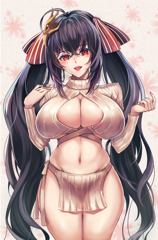 1girls :d ahoge alternate_costume azur_lane bangs black_hair blush breasts cleavage commentary_request cowboy_shot crop_top crossed_bangs evolved_virgin_killer_sweater female female_only floral_background groin hair_between_eyes hair_ribbon hands_up head_tilt large_breasts light-skinned_female light_skin long_hair long_sleeves looking_at_viewer mask mask_on_head meme_attire midriff navel open_mouth pelvic_curtain red_eyes ribbon ryo_(sora-ryu) sakura_empire_(azur_lane) sidelocks smile solo standing sweater taihou_(azur_lane) twintails very_long_hair white_sweater