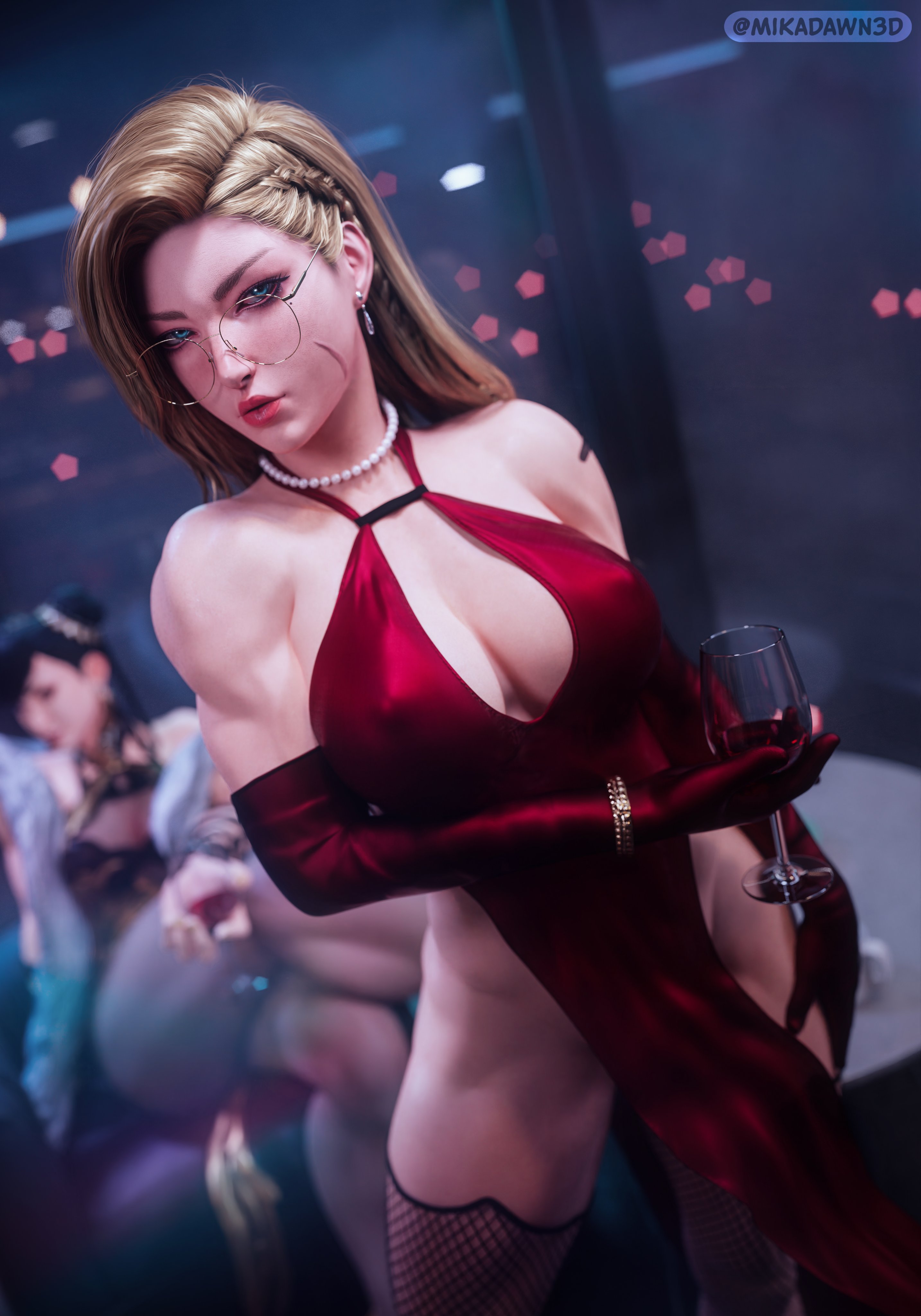 2girls, 3d, abs, absurdres, ass, big breasts, blonde hair, blue eyes, breasts, cammy white, capcom, chun-li, cleavage, dress, earring, female, female only, fishnet legwear, fishnet stockings, fishnets, fit, fit female, glasses, highres, medium breasts, mikadawn, realistic, scar, stockings, street fighter, thick thighs, thighhighs