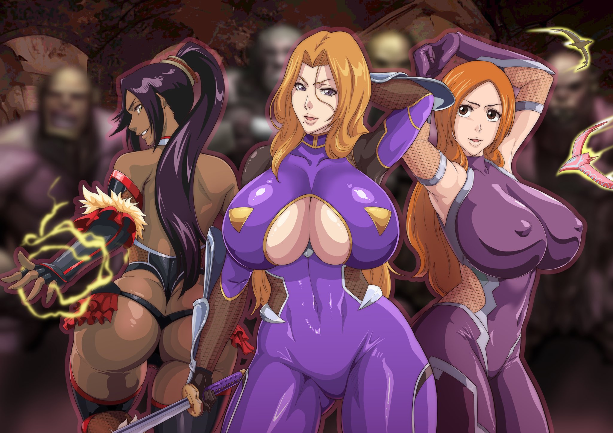 3girls, 4boys, akiyama rinko (cosplay), armpits, arms up, ass, bad id, big ass, big breasts, bleach, blonde hair, bodysuit, boob window, breasts, brown eyes, cleavage, cleavage cutout, cosplay, dark skin, dark-skinned female, dead source, female, female focus, holding, holding object, huge ass, huge breasts, igawa asagi (cosplay), inoue orihime, iwao178, large ass, large breasts, light skin, light-skinned female, long hair, looking at viewer, male, matsumoto rangiku, mizuki yukikaze (cosplay), multiple boys, multiple females, multiple girls, multiple males, nipple bulge, orange hair, penis, ponytail, purple bodysuit, purple hair, shihouin yoruichi, smile, solo focus, sword, taimanin (series), taimanin asagi battle arena, thick thighs, thighhighs, thighs, uncensored, underboob cutout, wide hips, yellow eyes