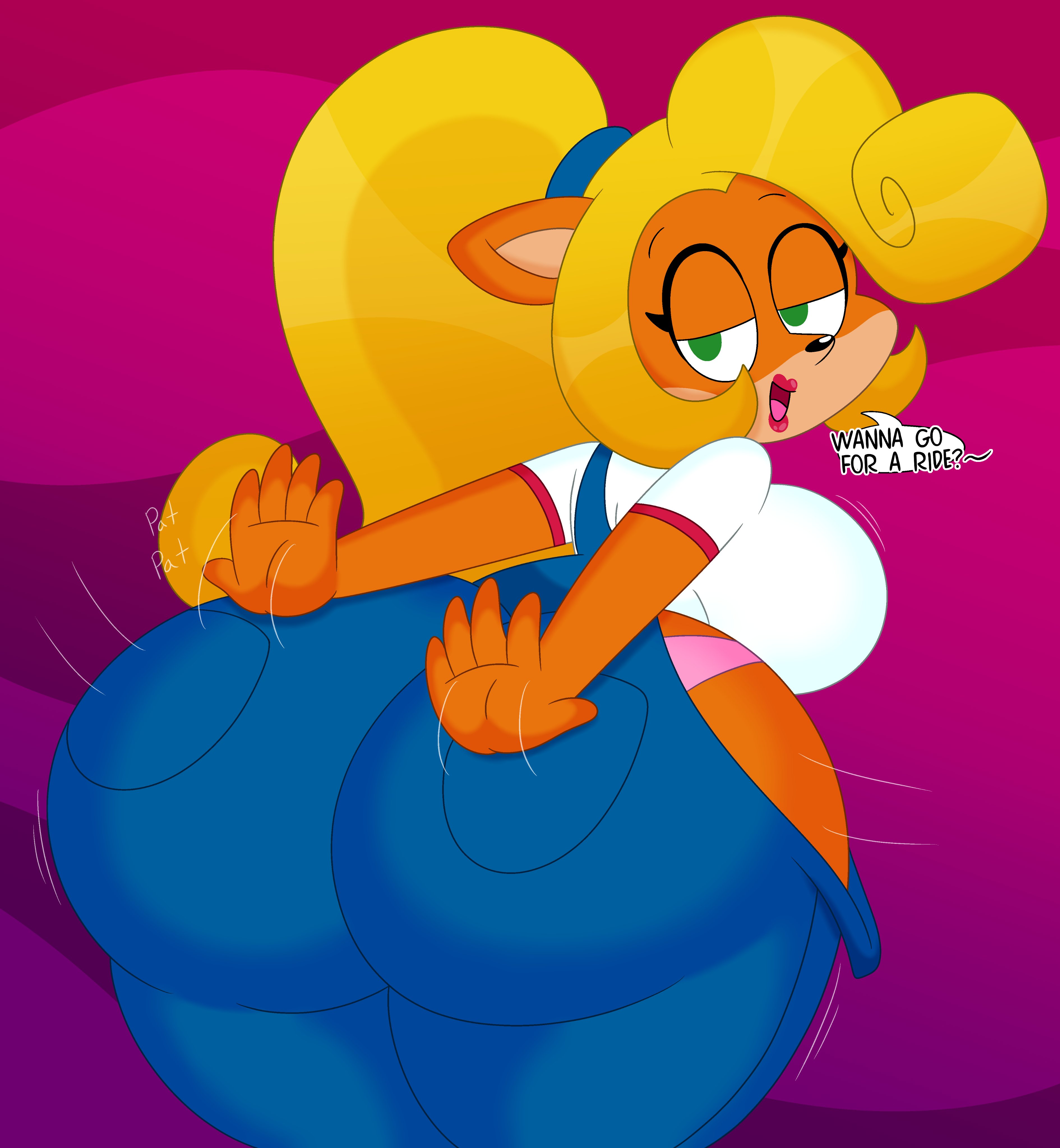 1girls, 3barts, anthro, ass, ass focus, bandicoot, bedroom eyes, bent over, big ass, big breasts, blonde hair, breasts, clothing, coco bandicoot, crash (series), dialogue, fat ass, female, female only, half-closed eyes, huge ass, large ass, looking at viewer, looking back, massive ass, overalls, panties, solo, text, thick ass, thick thighs, thunder thighs, wide hips