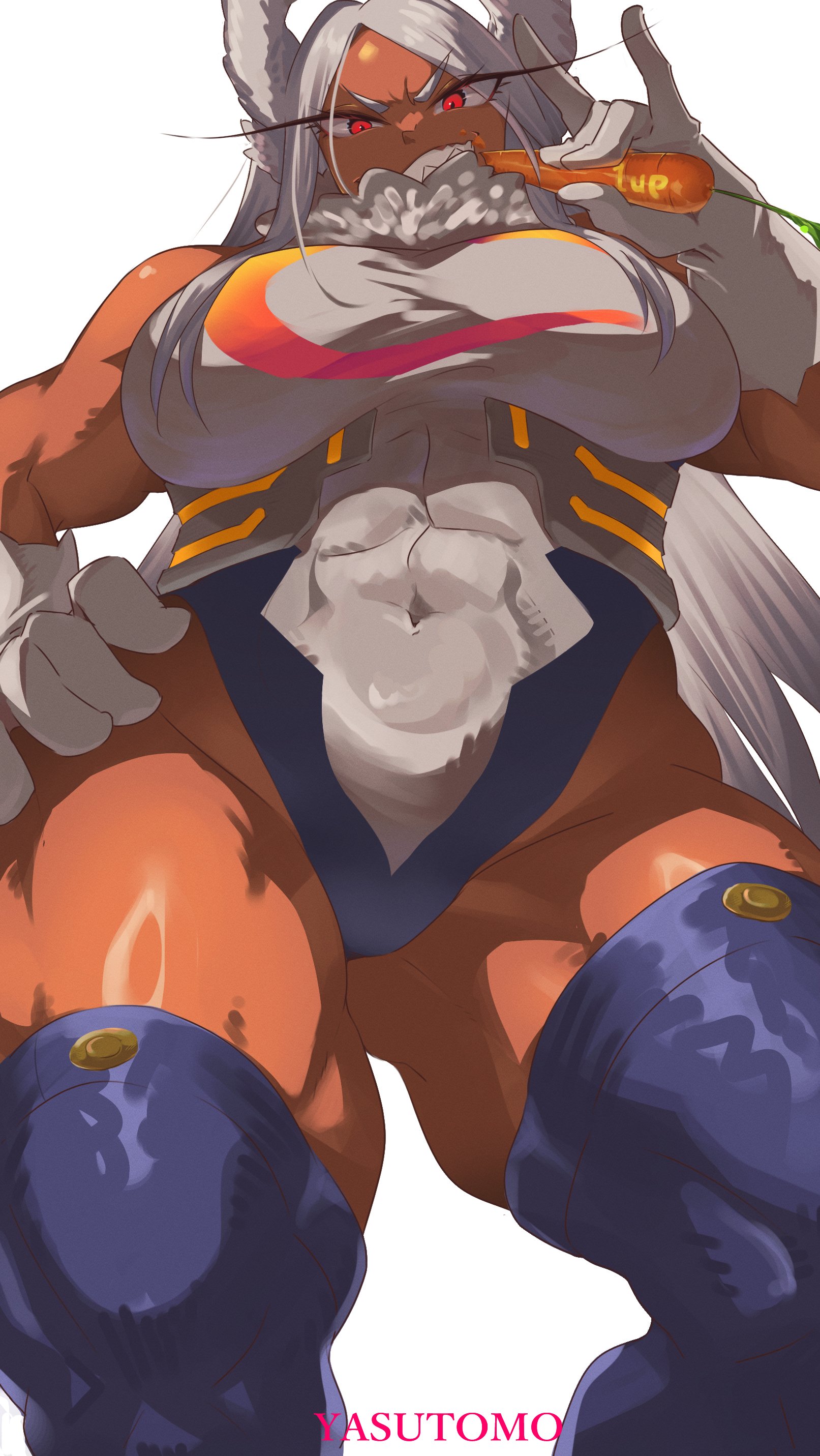 1girls, abs, big breasts, breasts, bunny ears, carrot, dark skin, dark-skinned female, female, female only, fully clothed, hair, hand on hip, handwear, huge breasts, legwear, leotard, looking down, miruko, muscles, muscular, muscular female, my hero academia, red eyes, rumi usagiyama, solo, solo female, superheroine, teeth, thick thighs, thighs, thunder thighs, white hair, yasutomo! (akuasky)