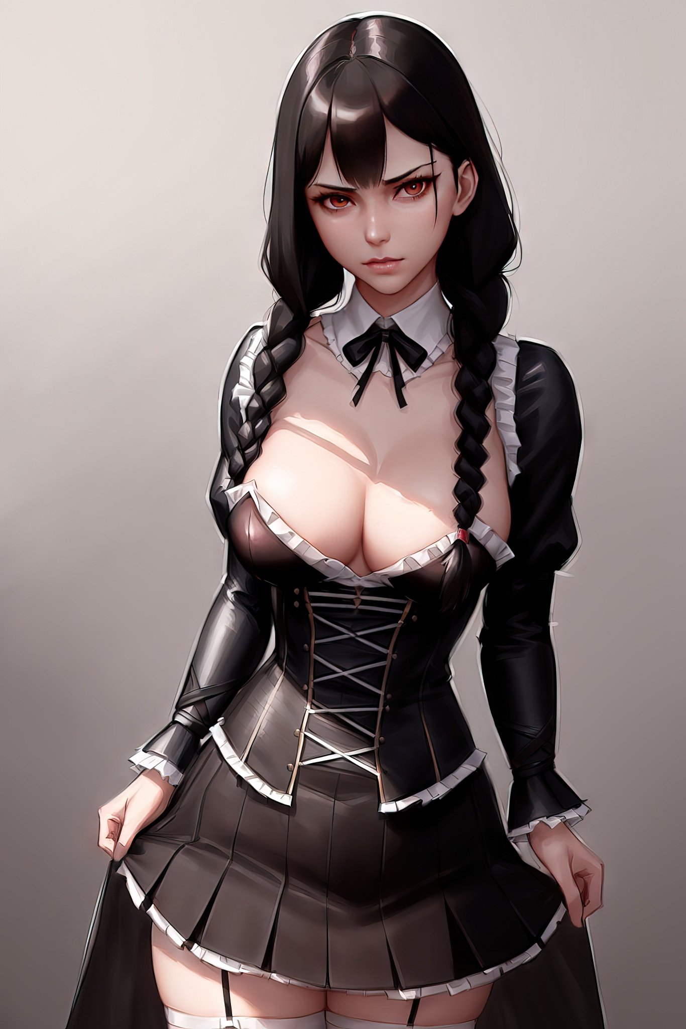 2023, ai generated, big breasts, black hair, breasts, curvaceous, curvy female, curvy figure, female, female focus, female only, high resolution, long hair, nai diffusion, stable diffusion, the addams family, voluptuous female, wednesday addams