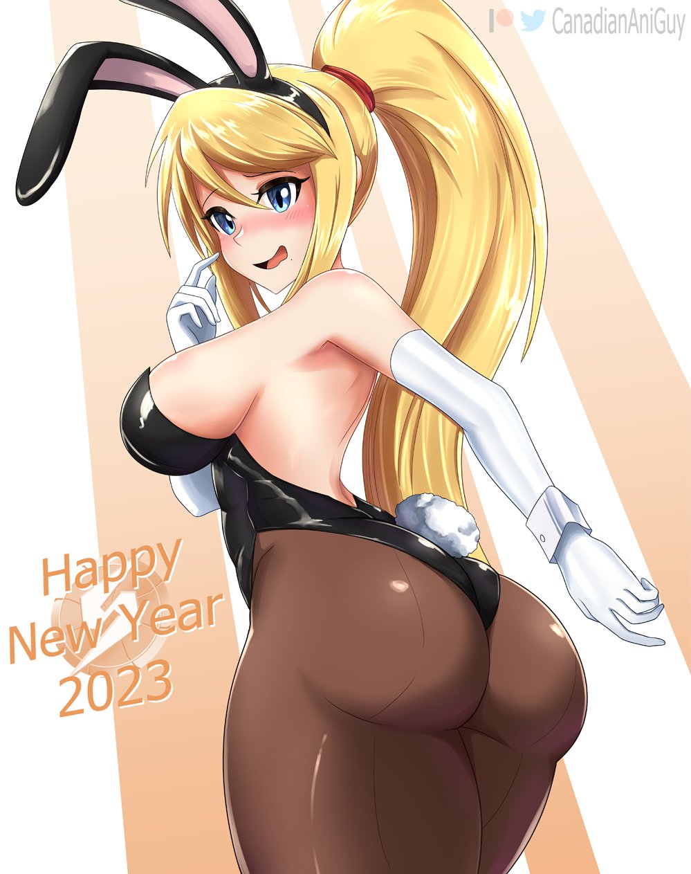 1girls, ass, big ass, big butt, blonde hair, blue eyes, breasts, bunny ears, bunny tail, bunnysuit, canadiananiguy, female, gloves, huge ass, leotard, looking back, metroid, nintendo, pantyhose, ponytail, samus aran, sideboob, thick thighs, wide hips
