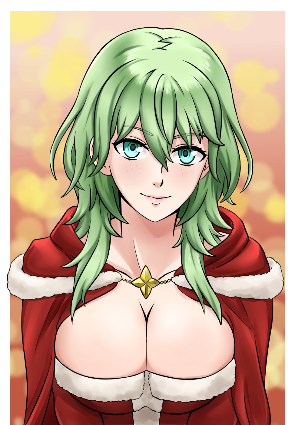 1girls alisa_(vallurite) alternate_costume big_breasts breasts byleth_(fire_emblem) byleth_(fire_emblem)_(female) cecilia_(fire_emblem) cecilia_(fire_emblem)_(cosplay) cecilia_(winter)_(fire_emblem) christmas cleavage female female_only fire_emblem fire_emblem:_three_houses fire_emblem_heroes green_eyes green_hair large_breasts looking_at_viewer medium_hair nintendo solo