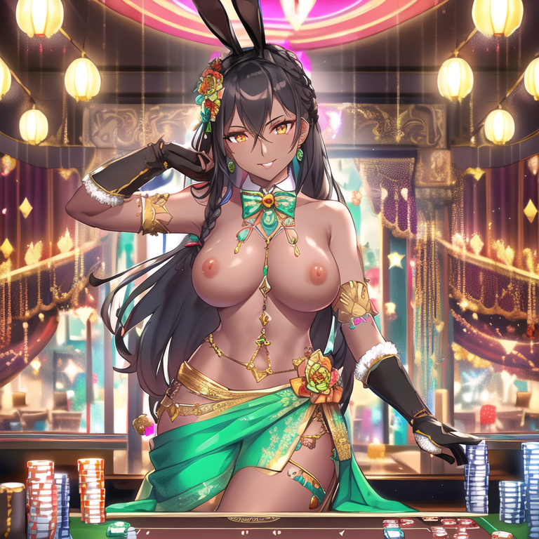 ai_generated bangle big_breasts bindi black_hair bowtie braids bunny_ears casino collar curvaceous curvy dark-skinned_female detached_collar detailed_background earrings elbow_gloves exotic exposed_breasts flower_in_hair gold_eyes harem_outfit highres hourglass_figure indian indian_female jewelry necklace playboy_bunny poker poker_chip poker_table sari seductive_smile smile smiling_at_viewer stable_diffusion toned_female topless waist_chain