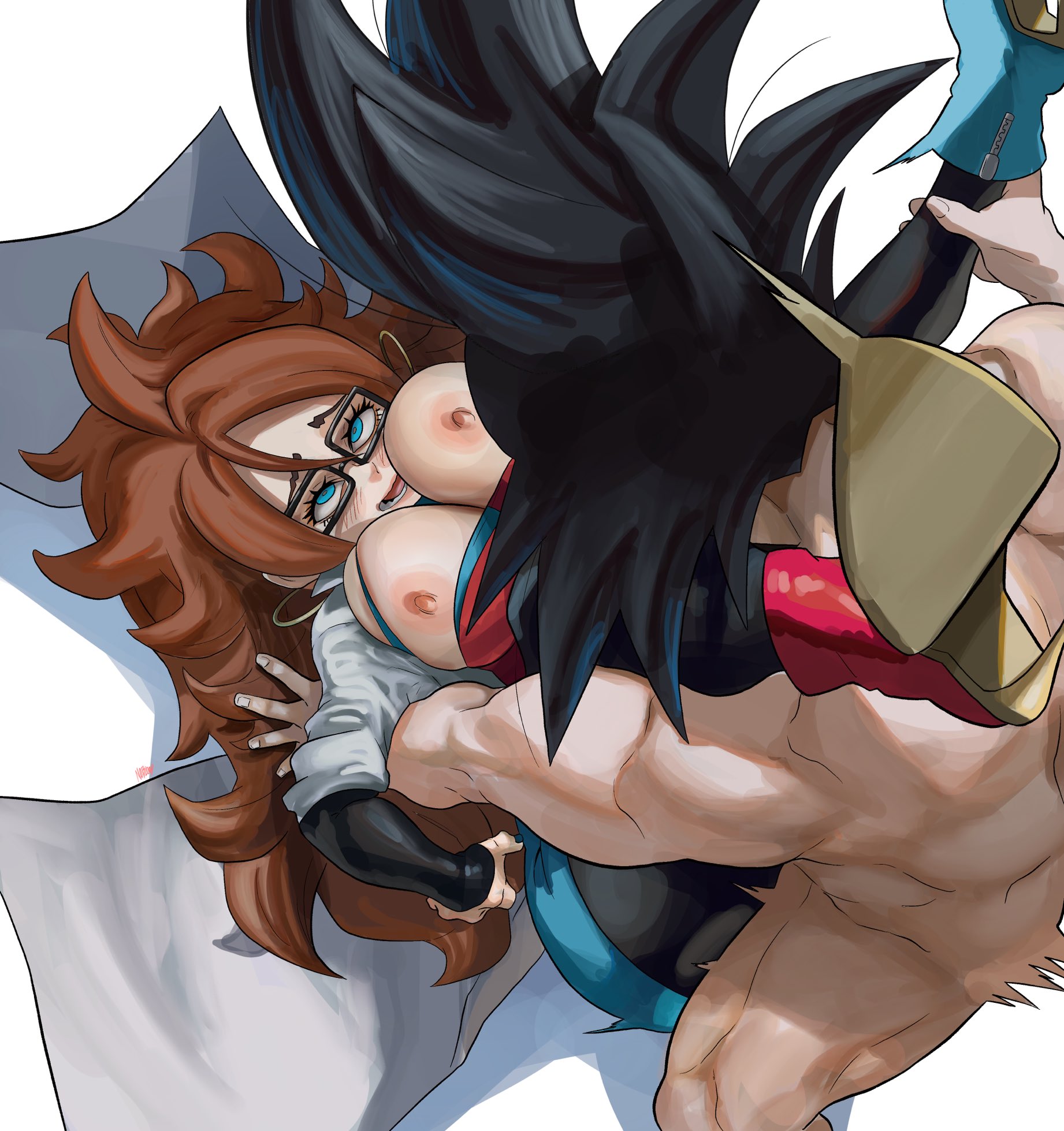 1boy, 1girls, 2022, ahe gao, ambiguous penetration, android 21, android 21 (human), areolae, auburn hair, big breasts, blush, breasts, dragon ball, dragon ball fighterz, dragon ball super, dragon ball super super hero, dragon ball z, female, female focus, glasses, goku, male, male/female, milf, muscular, muscular male, nipples, noblood, nude, nude male, partially clothed female, ryandomonica, saiyan, shounen jump, son goku, torn clothing, vomi (dragon ball)