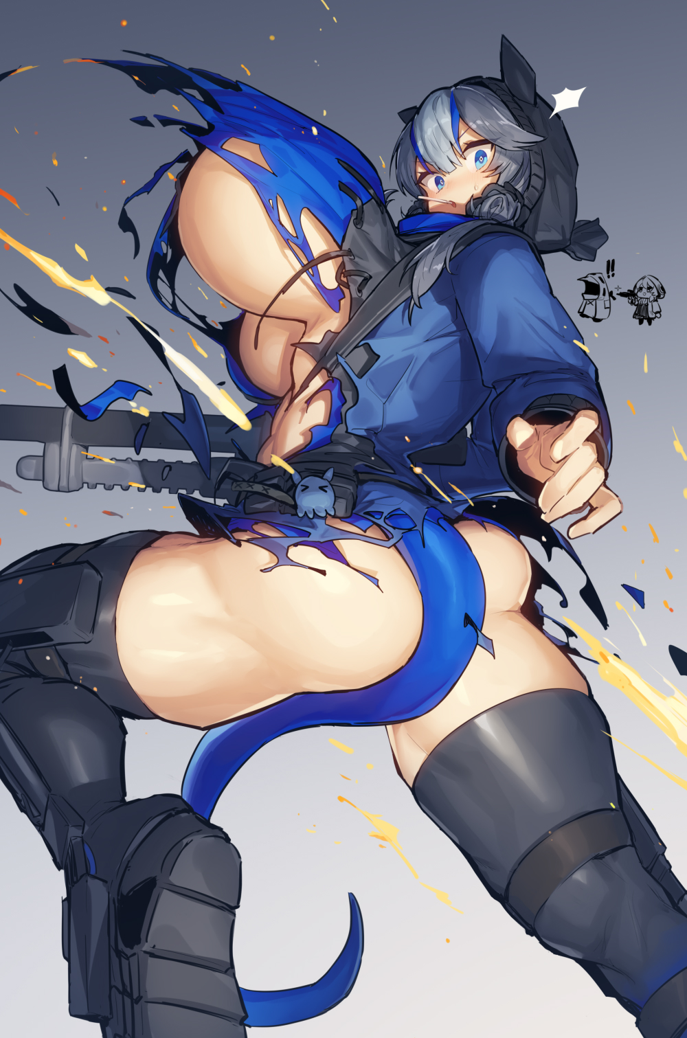 animal_tail arknights ass big_ass big_breasts big_butt blue_eyes blue_hair destroyed_clothing embarrassed embarrassed_nude_female enf glaucus_(arknights) gun huge_breasts looking_back melon22 ripped_clothing sideboob thick_thighs thighhighs weapon