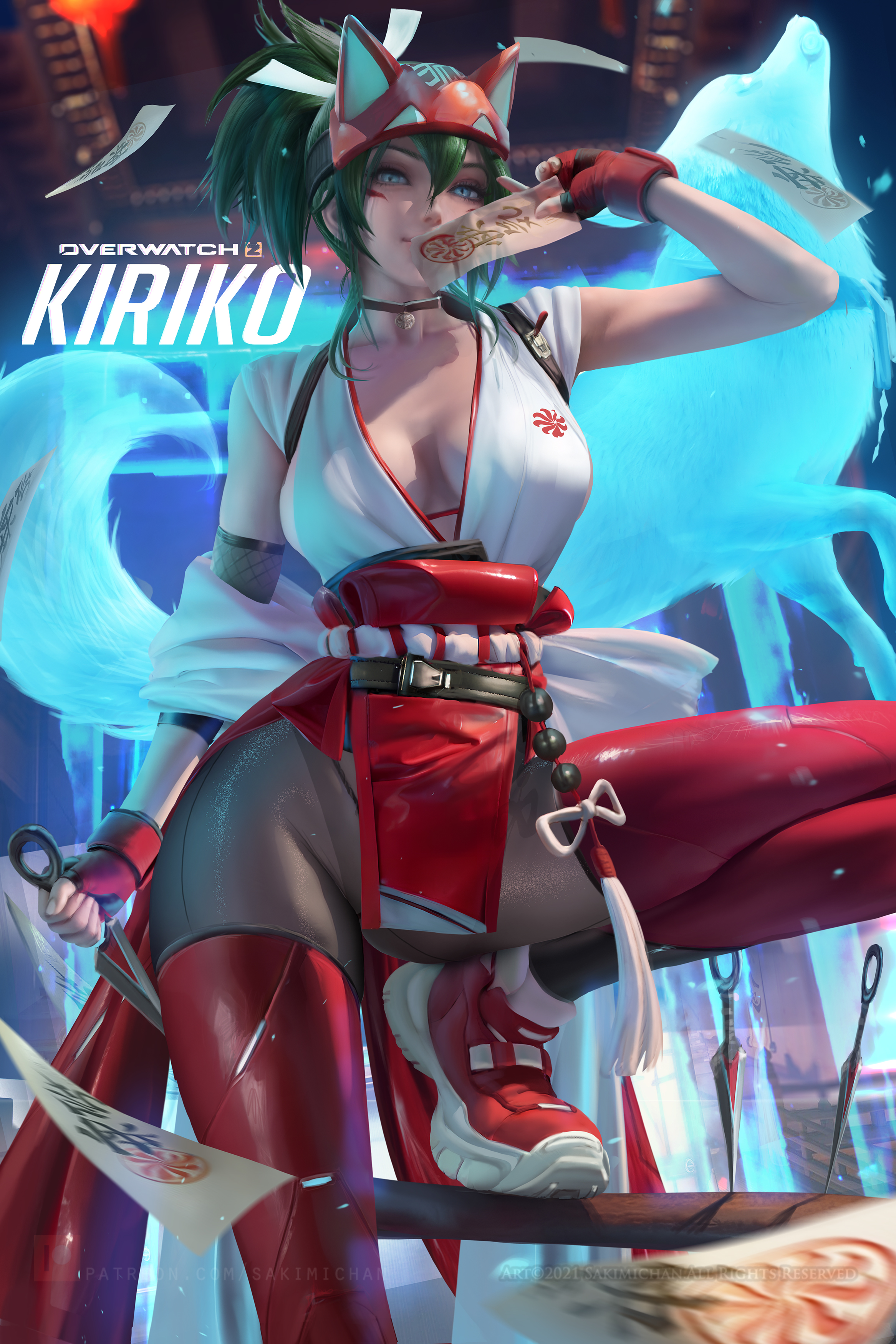 2d, big breasts, breasts, female, green hair, kiriko (overwatch), overwatch, overwatch 2, sakimichan