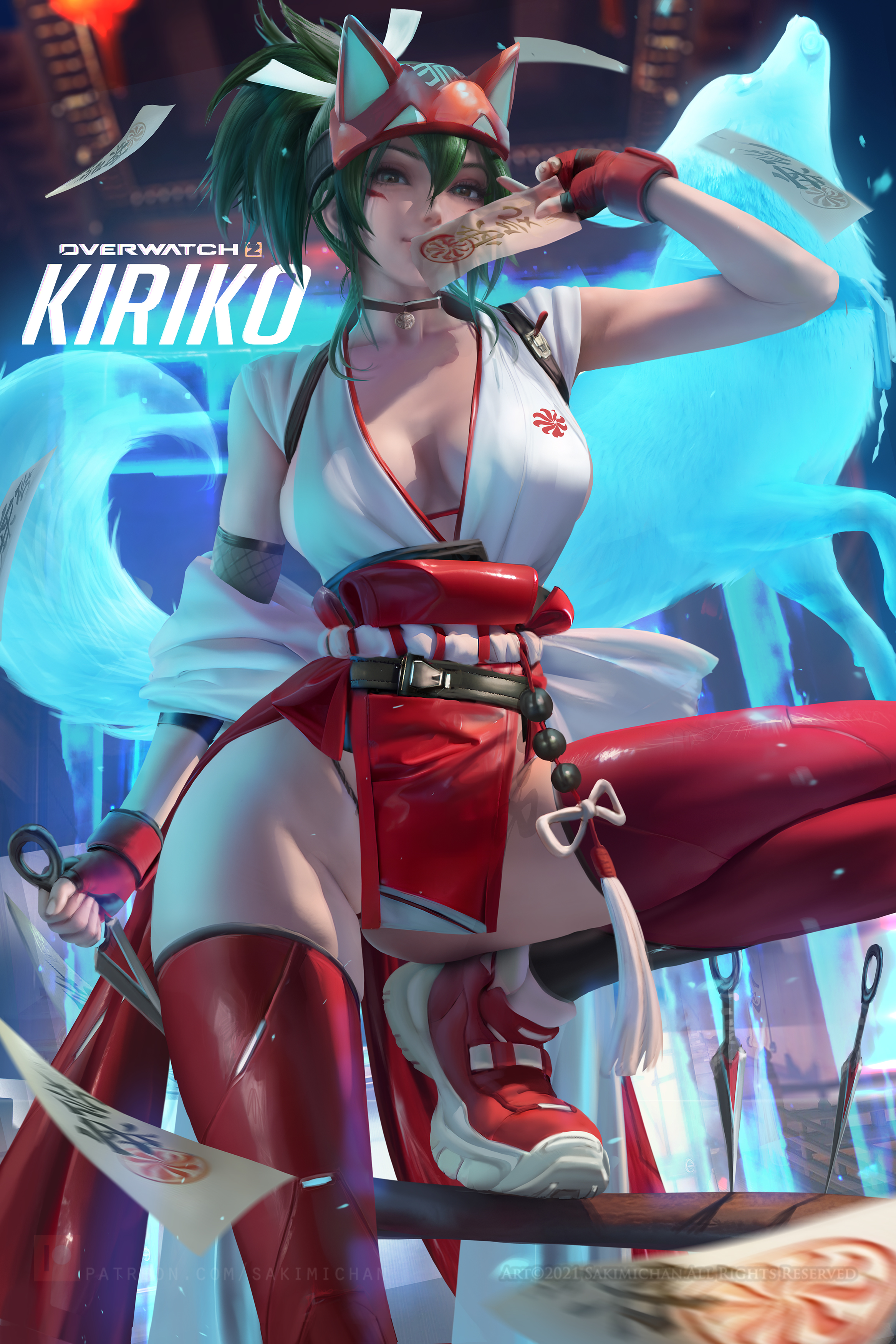 2d, big breasts, breasts, female, green hair, kiriko (overwatch), overwatch, overwatch 2, sakimichan
