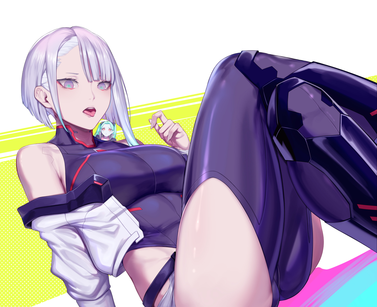 2girls, aleron akaash, ass, big ass, big breasts, breasts, cameltoe, cd projekt red, clothing, cyberpunk 2077, cyberpunk: edgerunners, female, female only, human, jacket, kumiko (aleron), latex, light skin, light-skinned female, lucyna kushinada, outerwear, pale skin, pussy, rebecca (edgerunners), studio trigger, thick thighs