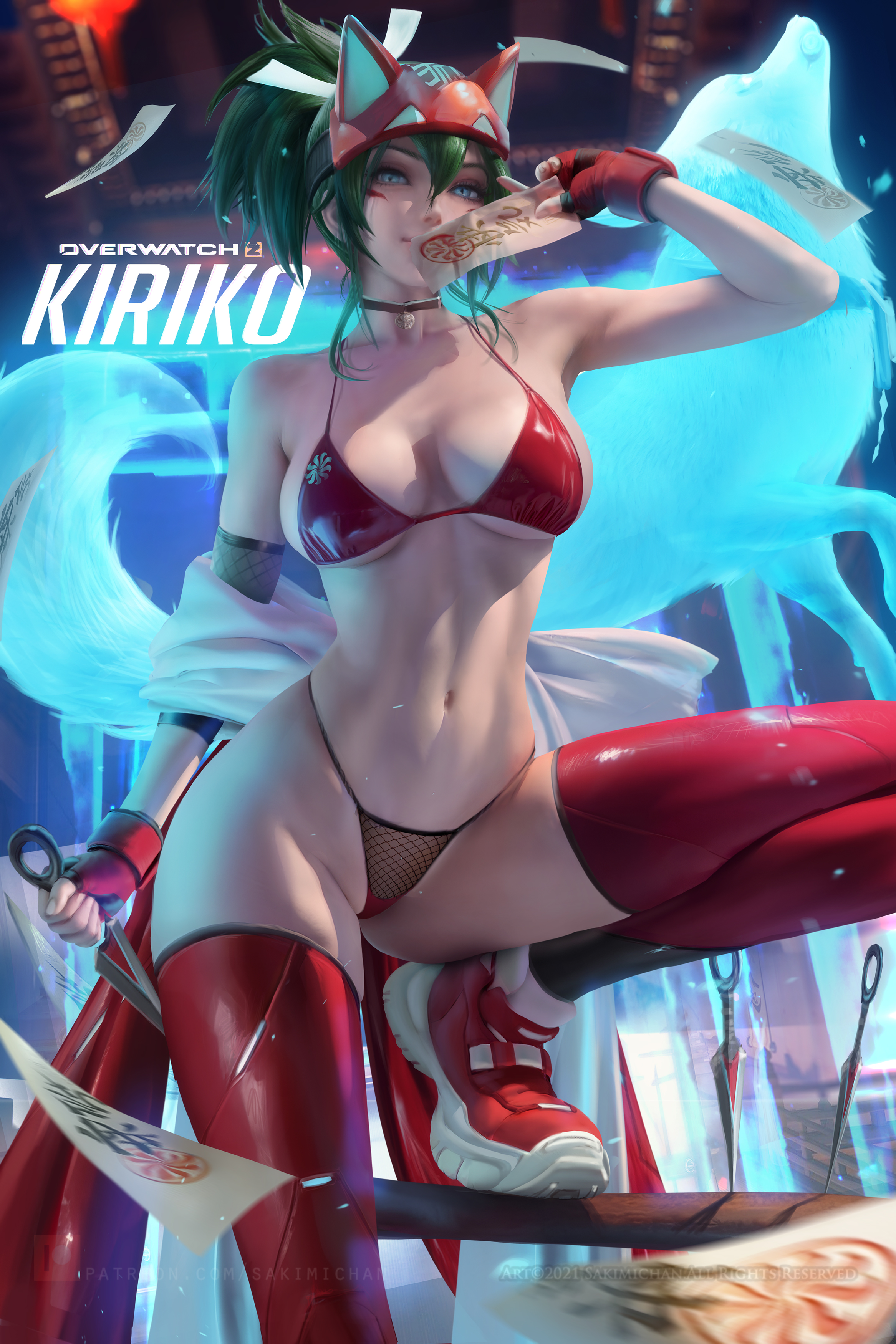 2d, big breasts, bikini top, breasts, female, g-string, green hair, kiriko (overwatch), looking at viewer, overwatch, overwatch 2, sakimichan, topless, topless female