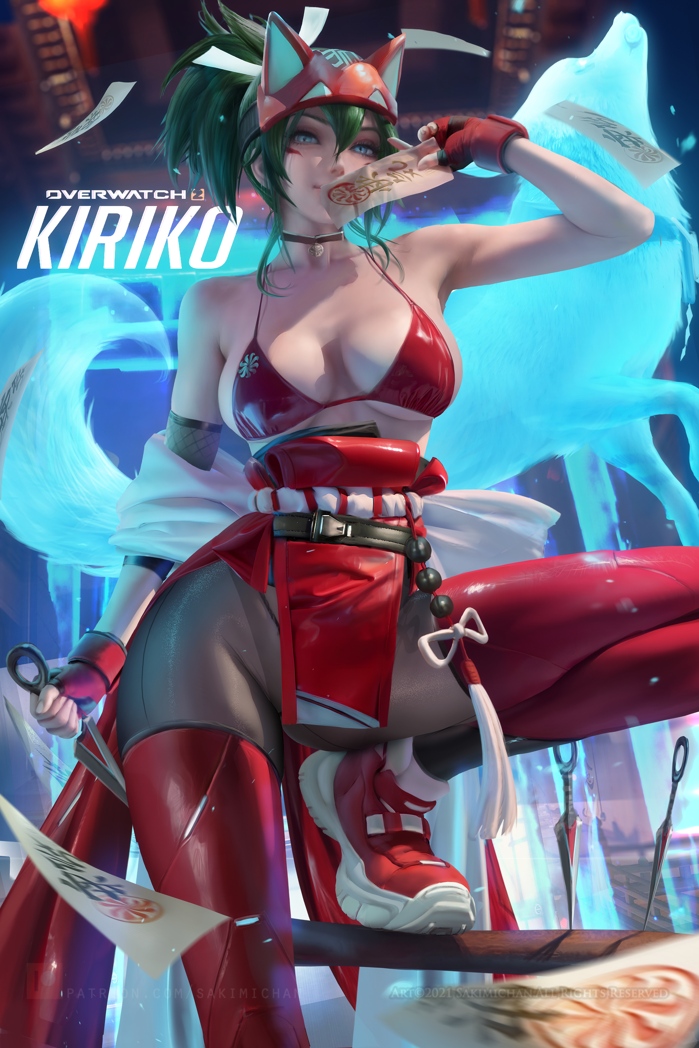 1girls, 2d, big breasts, bikini top, breasts, female, female only, green hair, kiriko (overwatch), kunai, overwatch, overwatch 2, pose, posing, sakimichan, solo, solo female