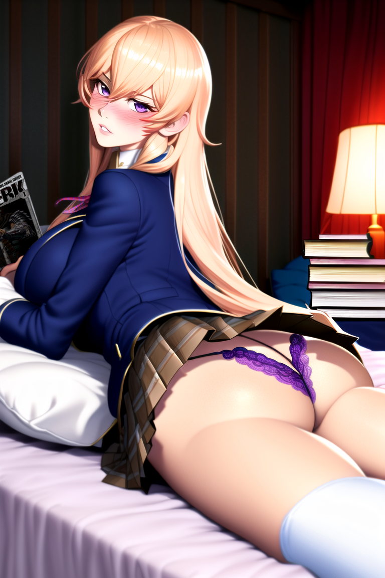 1girls, ai generated, ass, ass focus, big breasts, blonde hair, blush, book, breasts, female, female focus, female only, hair between eyes, half-closed eyes, huge ass, laying down, laying on bed, long hair, looking at viewer, looking back, nai diffusion, nakiri erina, panties, purple eyes, reading, school uniform, schoolgirl, shokugeki no souma, skirt, skirt up, socks, stable diffusion, thick thighs, thigh socks, thighhighs, thighs, thong, white socks