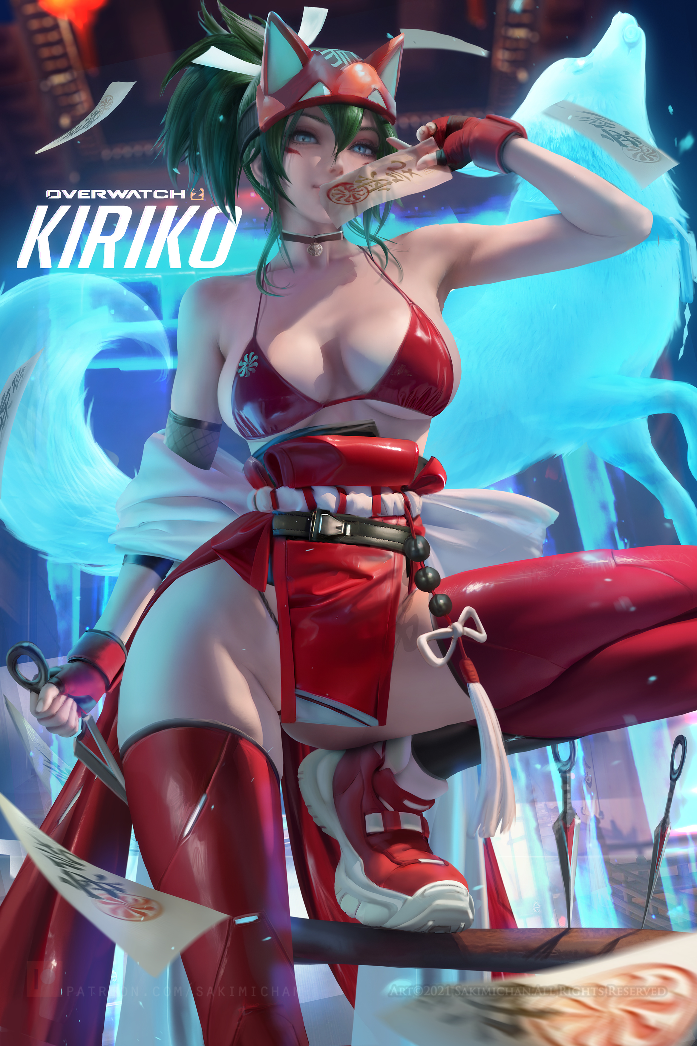 2d, big breasts, bikini top, breasts, female, green hair, kiriko (overwatch), overwatch, overwatch 2, sakimichan