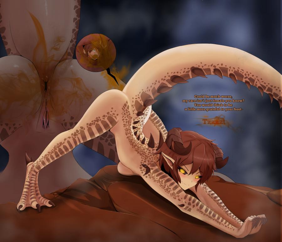 anal vore, anus, blush, deathclaw, dialogue, fallout, fart, fart fetish, farting, female, giantess, horns, nude, nude female, nude mind, olivia the deathclaw, pussy, scalie, text, vore