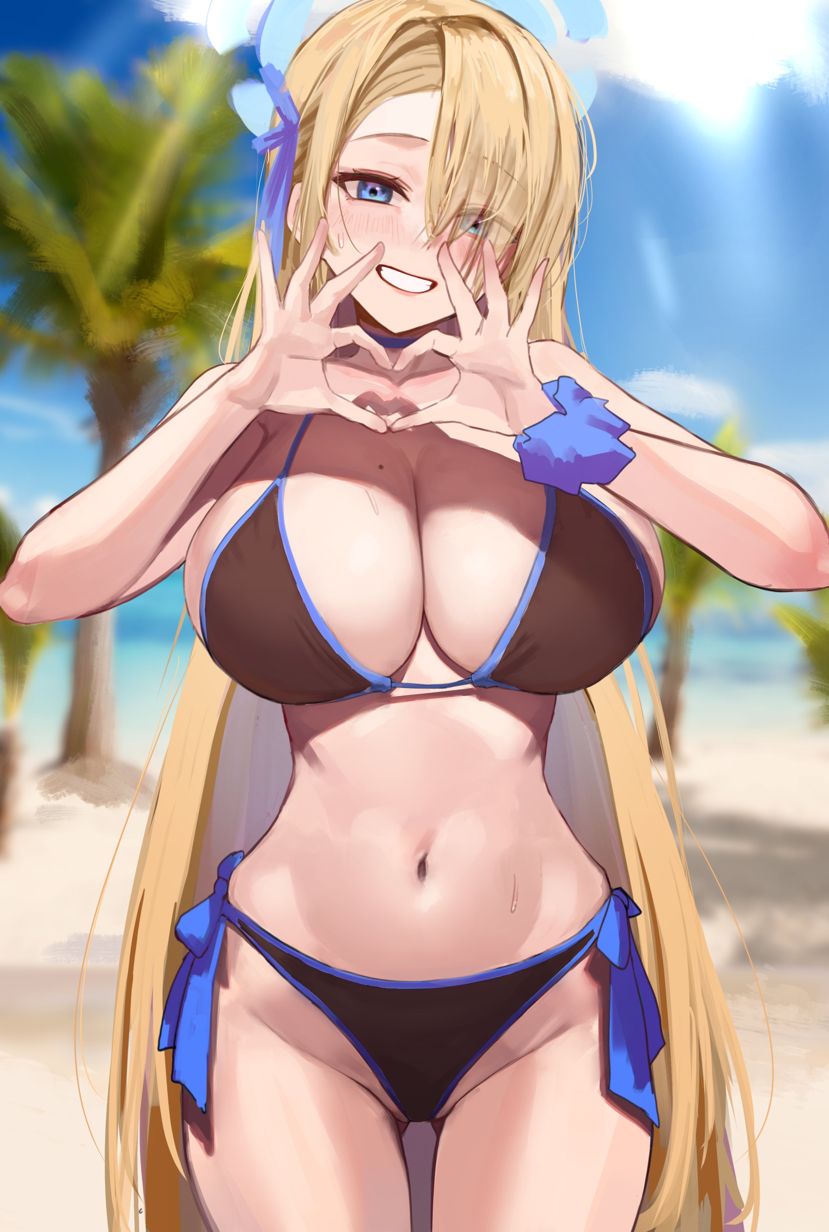 1girls, asuna (blue archive), beach, bikini, blonde hair, blue archive, blue eyes, breasts, cleaning & clearing (blue archive), cleavage, female, female only, hair over one eye, halo, happy, heart hands, huge breasts, large breasts, light skin, light-skinned female, long hair, millennium science school student, outdoors, outside, ribbon in hair, rinhee, smile, solo, thick thighs, wide hips