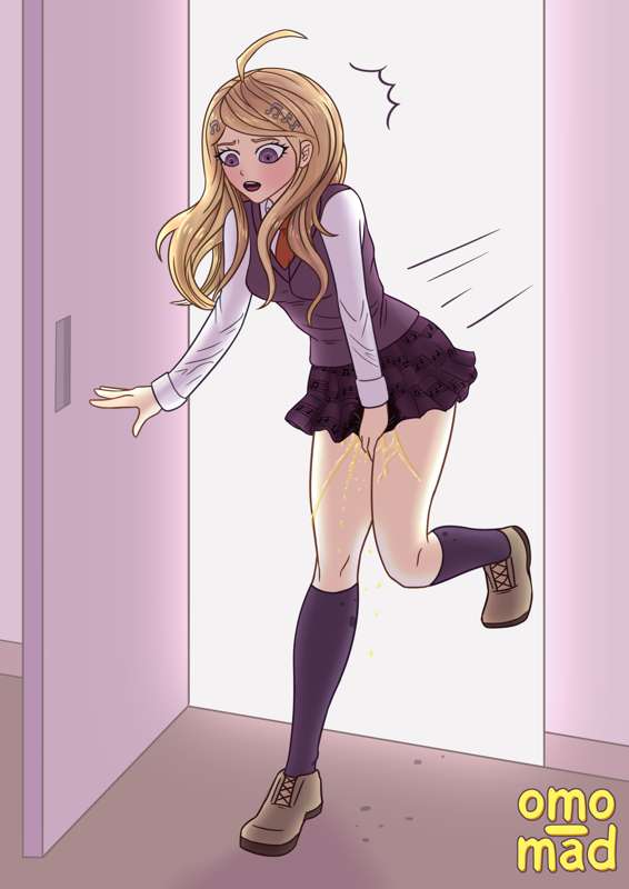 akamatsu_kaede black_socks blonde_hair danganronpa entering knee_socks kneehighs kneesocks leaking omo_mad omorashi open_mouth peeing peeing_self running rushing rushing_to_bathroom socks straight_hair urine urine_drip urine_on_ground urine_stream wetting wetting_self