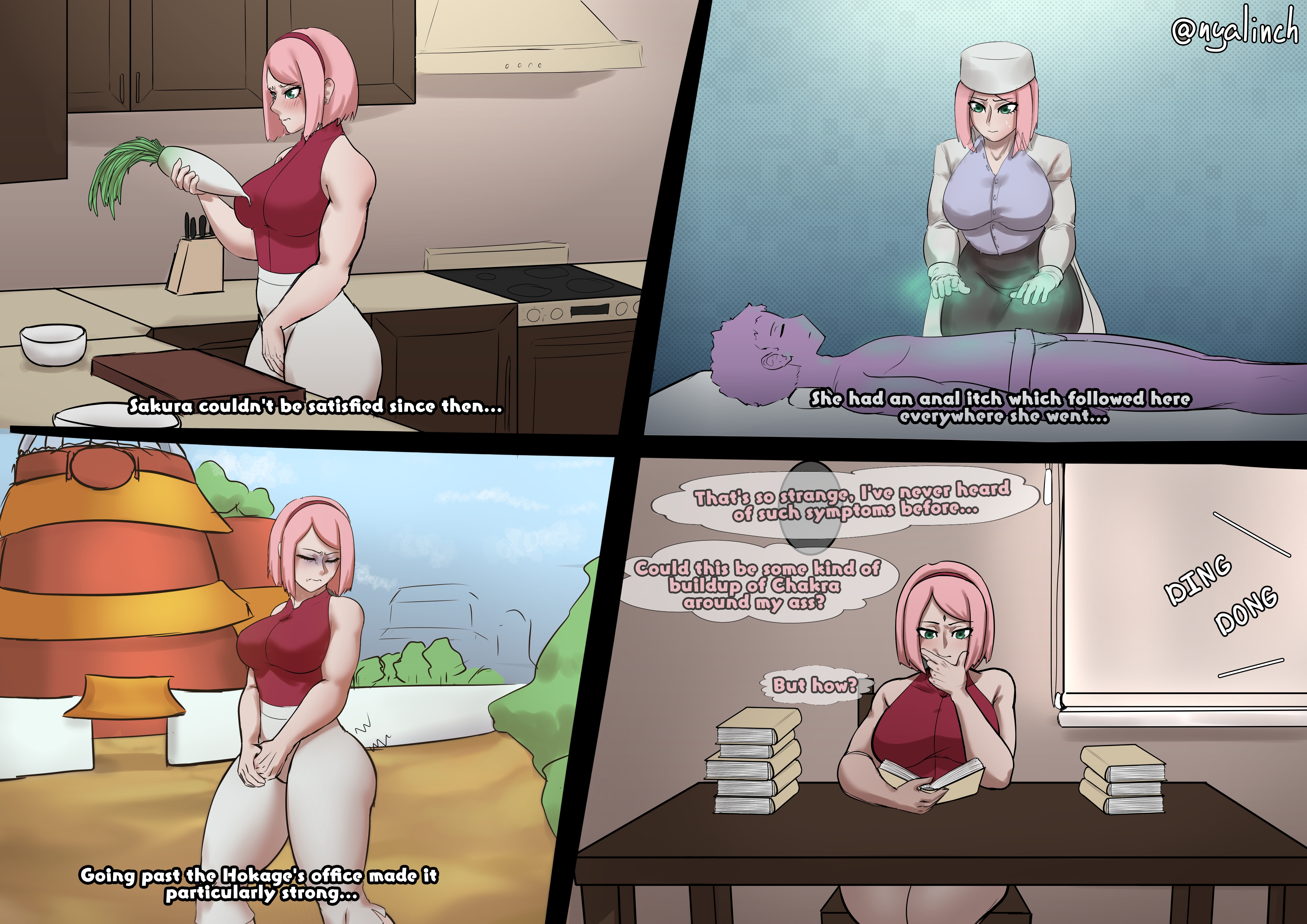 1boy, 1girls, ass, big ass, big butt, big thighs, boruto: naruto next generations, breasts, busty, colored background, comic, comic page, curvy female, curvy figure, english text, fat ass, fat thighs, female, green eyes, hi res, high res, horny female, huge ass, huge butt, huge thighs, human, large ass, large thighs, male, meowlinch, naruto, naruto (series), pink hair, plump ass, plump thighs, pussy, pussy juice, sakura haruno, text, text bubble, thick, thick thighs, uncensored, wide hips