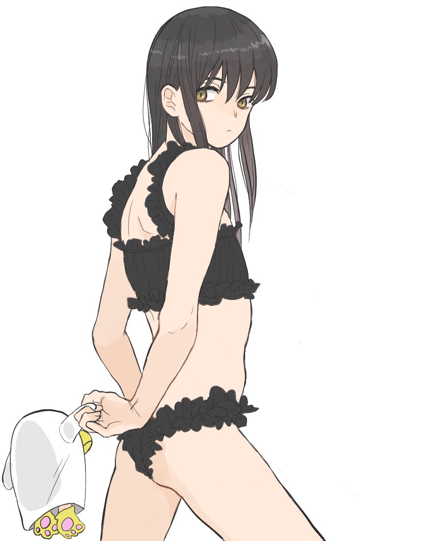 alternate_costume arms_behind_back black_bra black_hair black_panties crossdressing damascusn elizabeth_(gintama) expressionless femboy frilled_bra frilled_panties frills gintama hazel_eyes katsura_kotarou lingerie long_hair long_hair_male looking_at_viewer looking_back male male_only panties plushie solo trap yellow_eyes