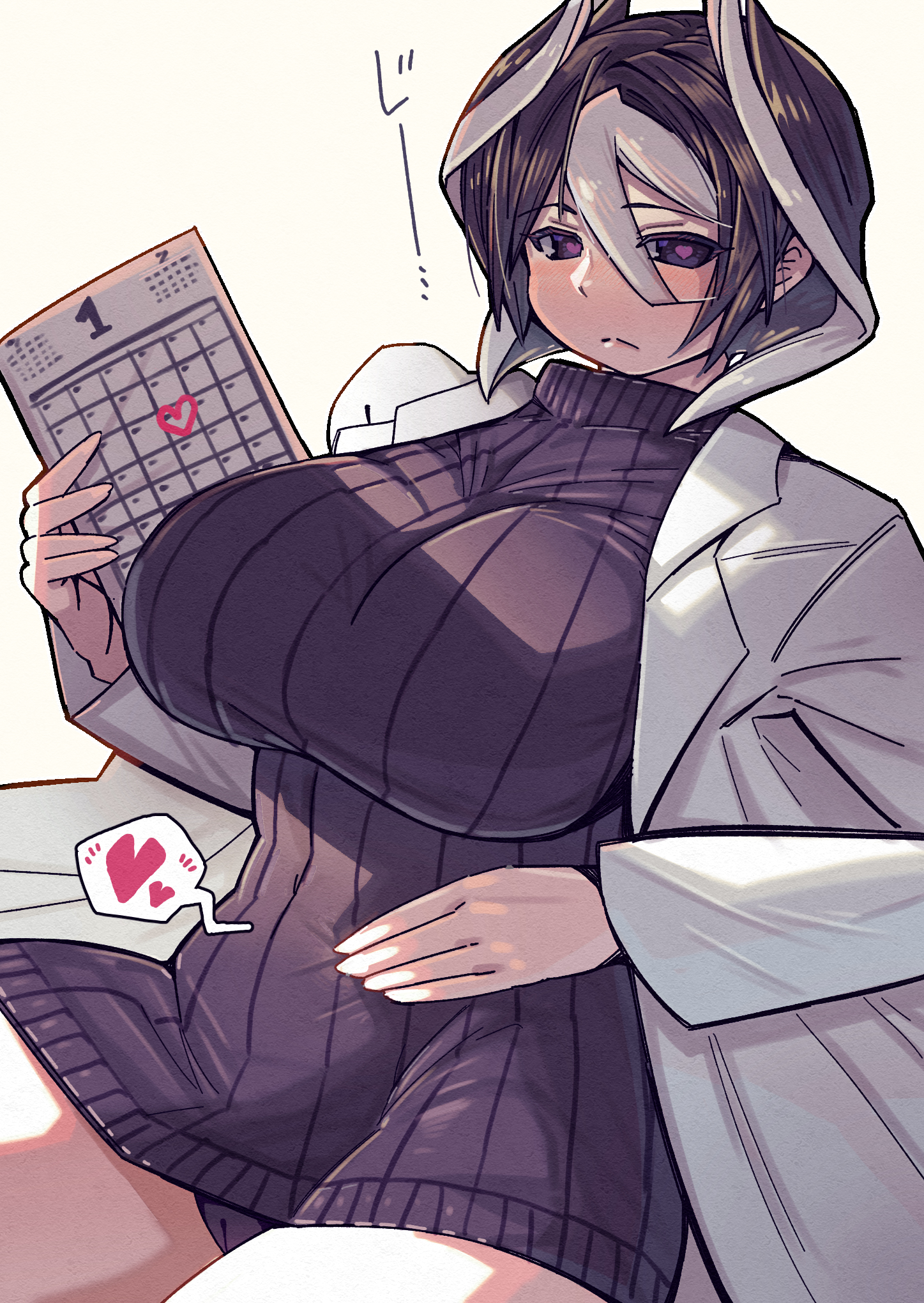 alternate costume, alternate version available, big breasts, black and white hair, black eyes, black hair, blush, breasts, calendar (object), cameltoe, female, female only, fully clothed, hair between eyes, hand on stomach, heart-shaped pupils, huge breasts, impregnation request, kingofbandit156, labcoat, looking at viewer, made in abyss, mature female, ozen, pussy, ribbed sweater, short hair, sitting, solo, spoken heart, sweater, sweater dress, teacher, turtleneck, turtleneck sweater, two-tone hair