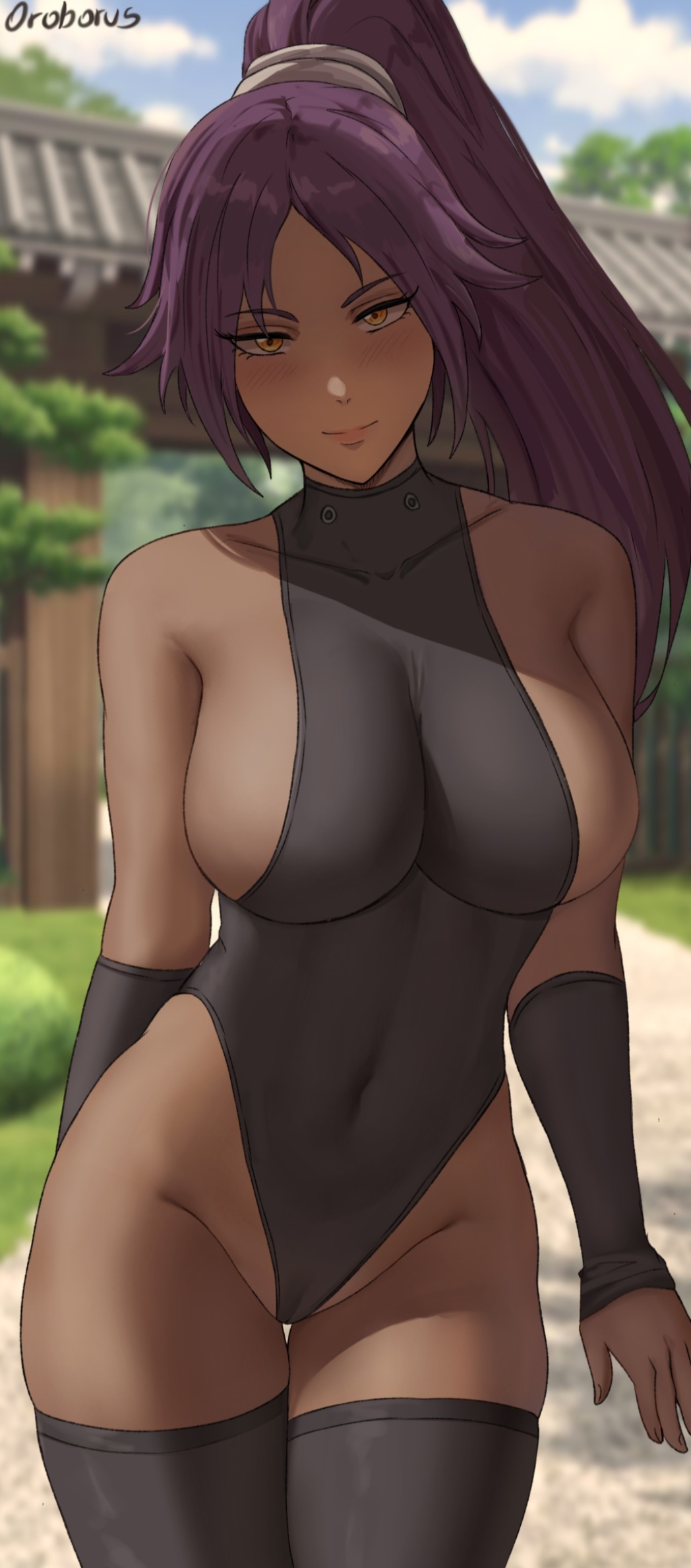 1girls bleach blush breasts brown_skin dark-skinned_female dark_skin female female_only huge_breasts leotard long_hair naughty_face oroborusart outdoors ponytail purple_hair savagexthicc shihouin_yoruichi sideboob slim_waist smile solo thick_thighs thighhighs thighs wide_hips yellow_eyes