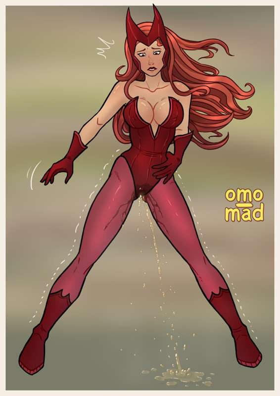 embarrassed female leggings leotard marvel marvel_cinematic_universe marvel_comics omo_mad peeing peeing_self scarlet_witch urine urine_pool urine_stream wanda_maximoff wandavision wetting wetting_self