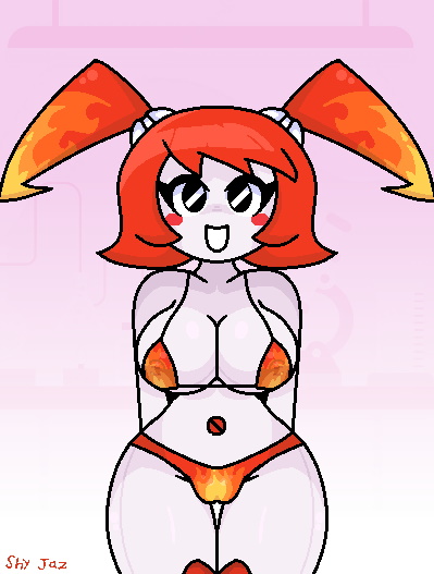 bikini bikini_bottom bikini_top black_eyes blush happy hot_rod_flames jenny_wakeman jenny_wakeman_(makeover) my_life_as_a_teenage_robot red_hair robot robot_girl shy_jaz smile xj-9