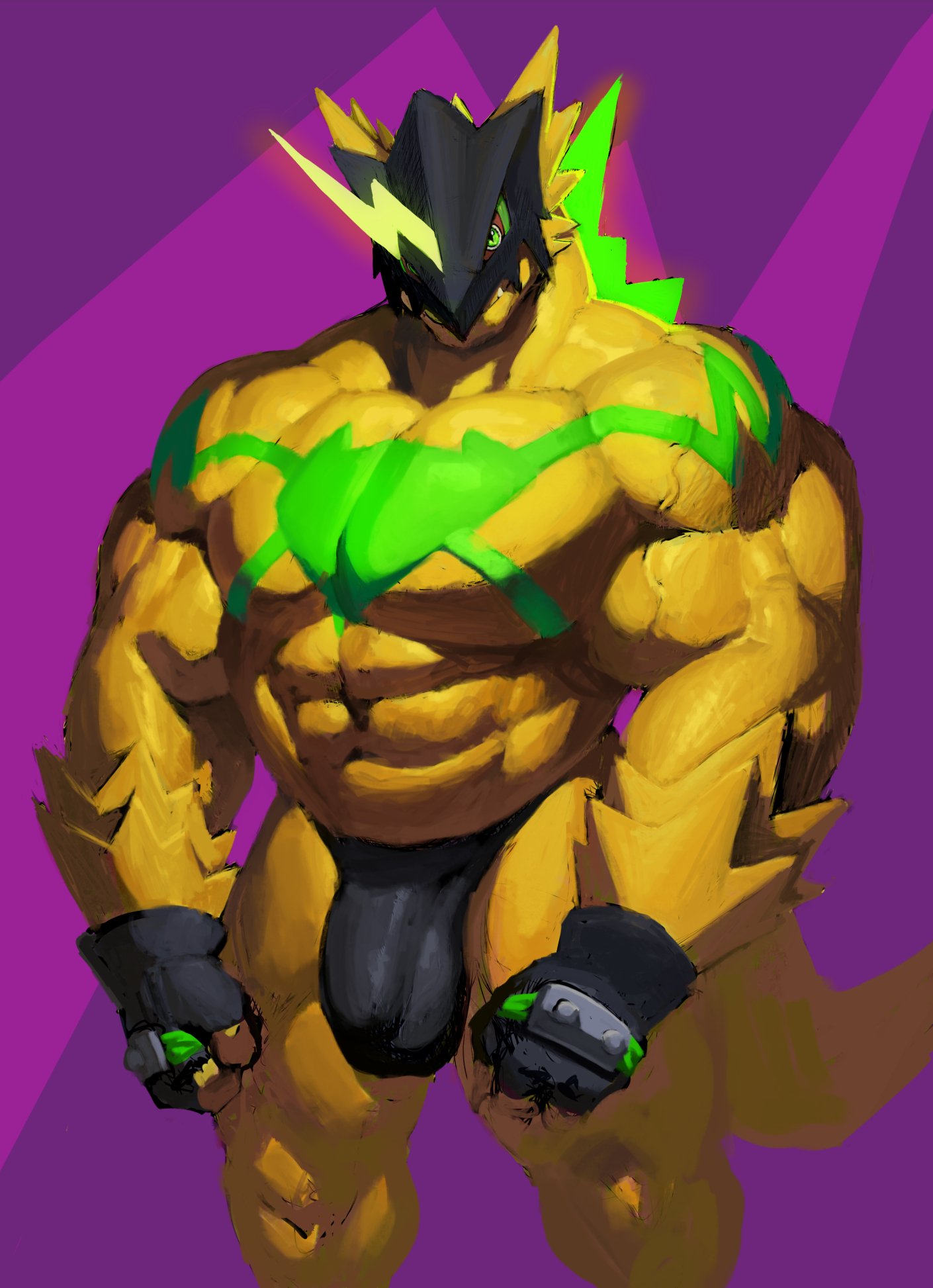 abs anthro bandai_namco bulge bulkmon clothing digimon flaccid genital_outline genitals gloves green_eyes handwear hi_res male muscular muscular_anthro muscular_male pecs penis penis_outline richard_pinkman solo thong underwear yellow_body