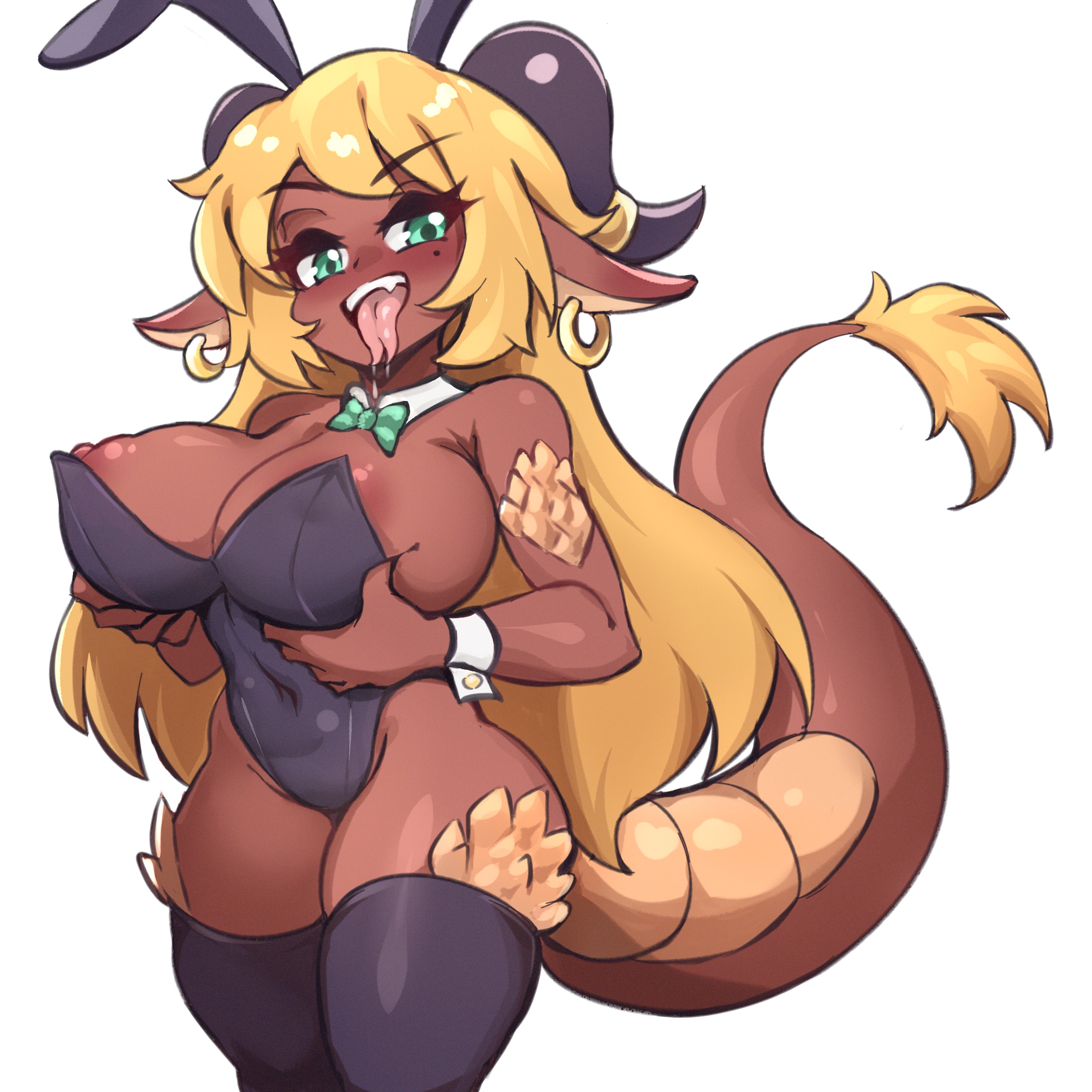 1girls, areolae, bebatch, big breasts, black thighhighs, blonde hair, breasts, breasts grab, bunny ears, bunnysuit, dark skin, dark-skinned female, detached collar, dragon ears, dragon girl, dragon horns, dragon tail, earrings, female, female only, forked tongue, grabbing own breasts, green eyes, horns, long hair, looking at viewer, mole, mole under eye, narrowed eyes, neck ribbon, nipple slip, open mouth, pointy ears, pyrite (kanel), scales, shortstack, smiling, smiling at viewer, solo, tail, tail tuft, thick thighs, thigh squish, thighhighs, tongue, tongue out, very high resolution, white background, wrist cuffs, yellow scales