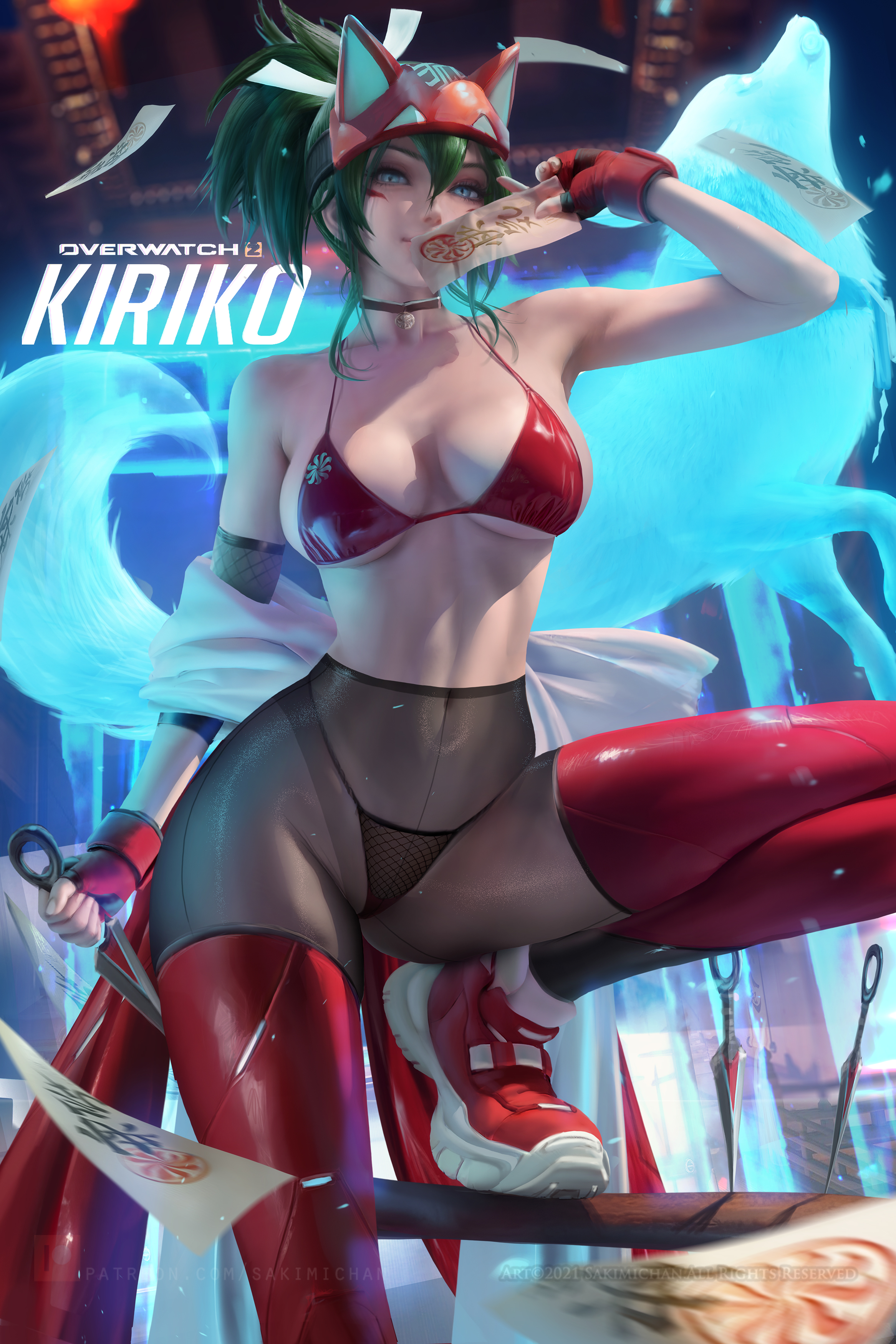 2d, big breasts, bikini top, breasts, female, g-string, green hair, kiriko (overwatch), leggings, overwatch, overwatch 2, sakimichan