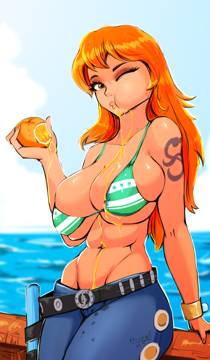 1girls, 2023, aleksandrgav, arm tattoo, big breasts, bikini, blue tattoo, breasts, curvy body, curvy figure, female, female focus, female only, high resolution, jeans, long hair, nami (one piece), one piece, orange hair, orange-haired female, post-timeskip, striped bikini, tattoo, toei animation, voluptuous female