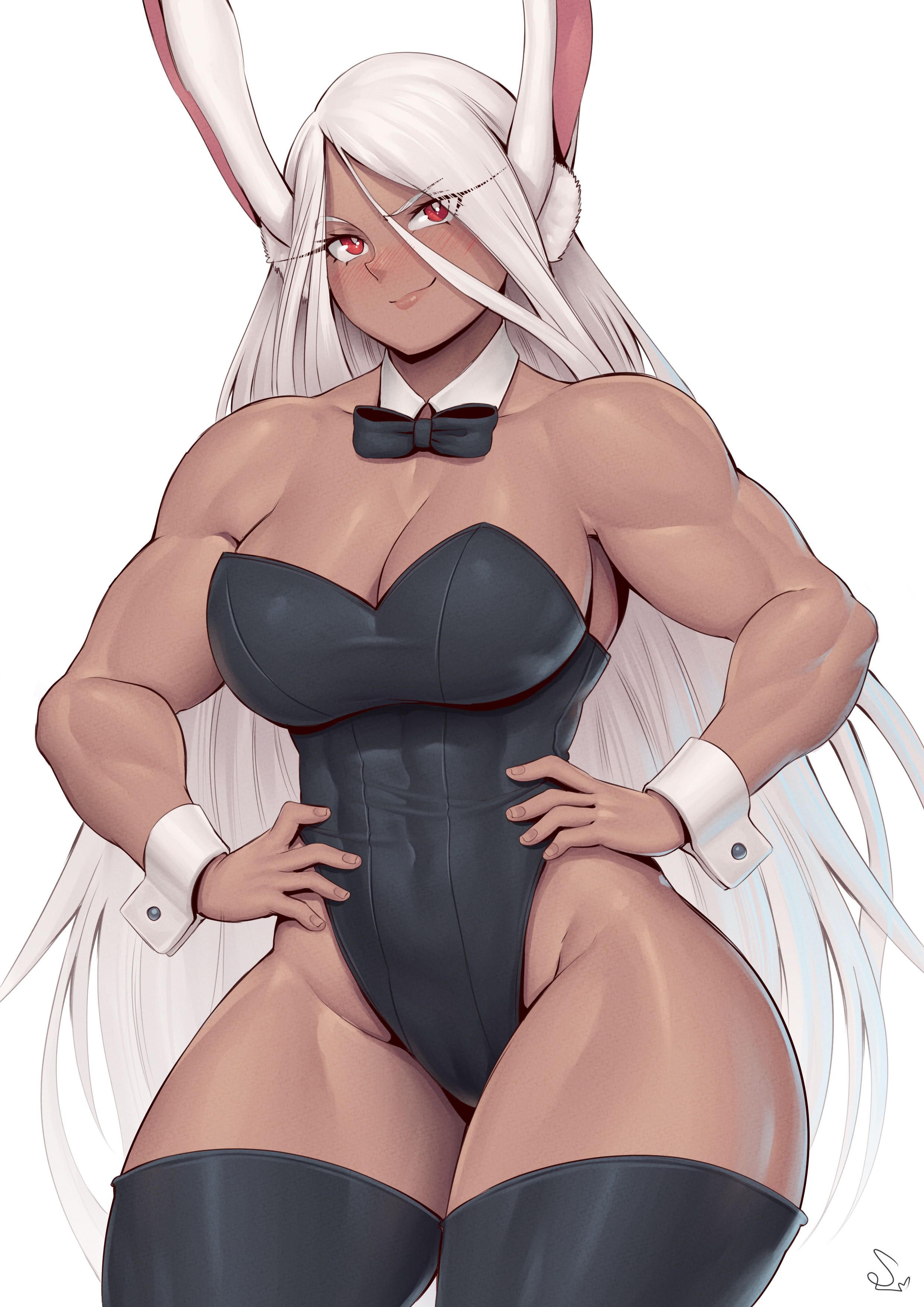 1girls, abs, abs visible through clothing, absurd res, artist signature, biceps, big breasts, blush, breasts, bunny ears, bunnysuit, commission, dark skin, dark-skinned female, female, fully clothed, hands on hips, hi res, hips, latex, long hair, miruko, muscular, muscular arms, muscular female, my hero academia, navel, navel visible through clothes, red eyes, rumi usagiyama, shiny clothes, signature, simple background, smile, solo, speedl00ver, thick thighs, thighhighs, thighs, tight clothing, triceps, white background, white hair, wide hips