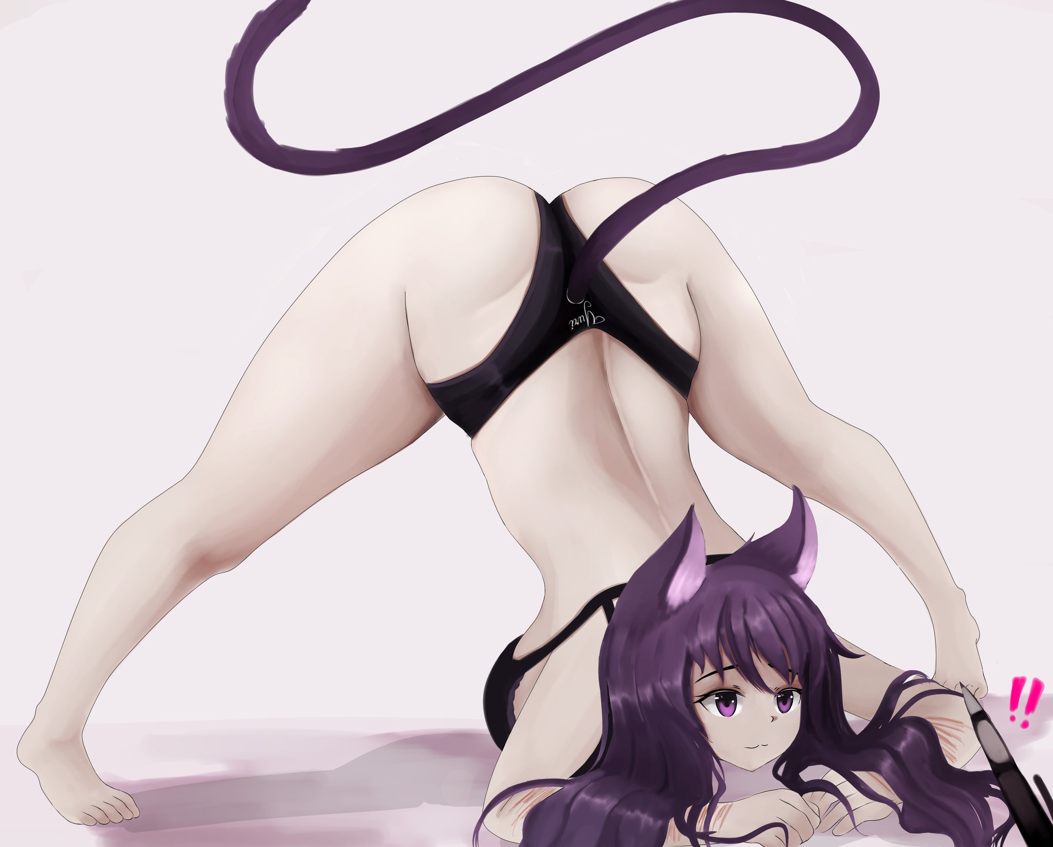 :3, !, !!, 1girls, artemitzuki (artist), ass, ass up, black bra, black panties, bra, cat ears, cat tail, cuts, doki doki literature club, female, jack-o pose, legs spread, neko, panties, pen, purple ears, purple eyes, purple hair, purple tail, scars, solo, spread legs, tail, yuri (doki doki literature club)