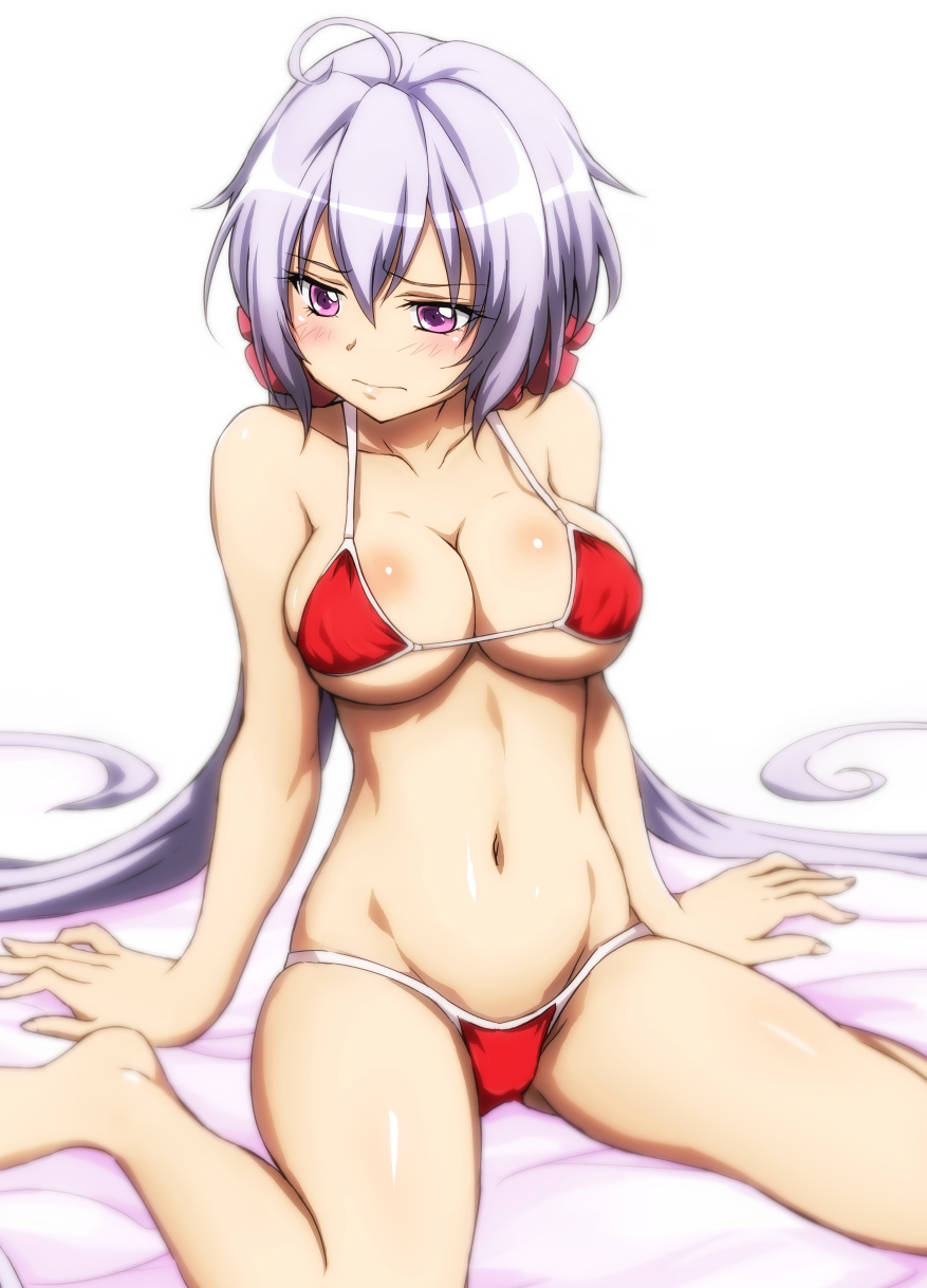 ahoge arm_support bare_legs barefoot bikini blush breasts cleavage collarbone embarrassed female fujikawa_daichi highres large_breasts leaning_back light_purple_hair long_hair looking_away low_twintails navel purple_eyes red_bikini senki_zesshou_symphogear shiny shiny_skin sitting skindentation solo strap_gap swimsuit twintails very_long_hair wariza yukine_chris