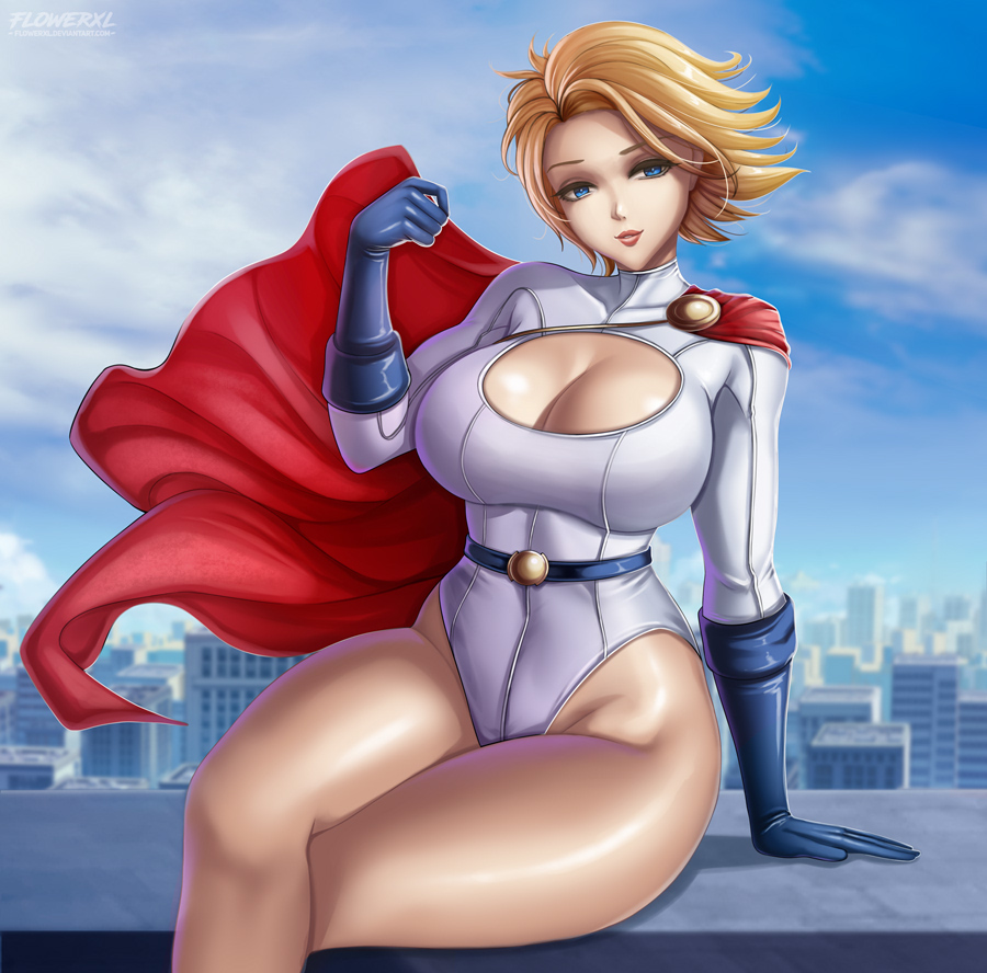 1girls, 2d, arm support, artist logo, bangs, belt, big boobs, big breasts, blonde hair, blue eyes, blue sky, breasts, building, cape, cleavage, cleavage cutout, clenched hand, clothing cutout, cloud, cloudy sky, commentary, covered collarbone, crossed legs, day, dc, dc comics, elbow gloves, female, flowerxl, gloves, hand up, head tilt, heroine, highleg, highleg leotard, kara zor-el, karen starr, large breasts, leotard, light smile, lips, long sleeves, looking at viewer, outdoors, power girl, red cape, shiny, shiny hair, shiny skin, short hair, simple background, sitting, sky, solo, superman (series), thick thighs, thighs, tight clothing, turtleneck, white leotard, wide hips, widescreen
