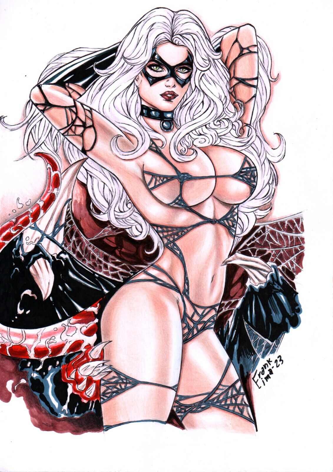 2023 artist_signature big_breasts black_cat_(marvel) breasts dated ed_benes_studio felicia_hardy female female_focus female_only frank_lima high_resolution long_hair looking_at_viewer marvel marvel_comics spider-man_(series) symbiote tongue venom venom_(marvel) white_hair