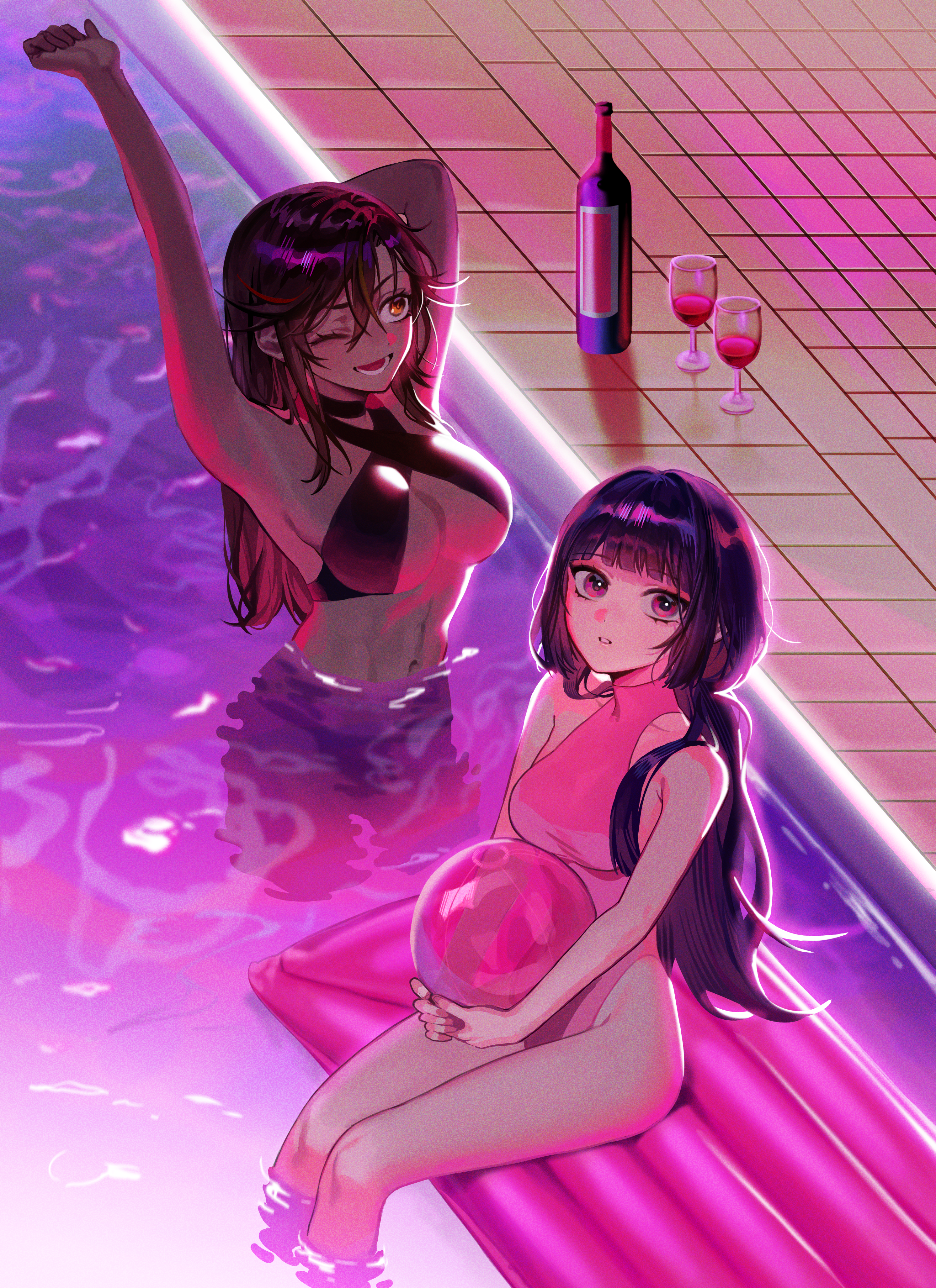 2girls, absurd res, alcohol, badamon, black hair, breasts, dark skin, dark-skinned female, female, genshin impact, highres, large breasts, looking at viewer, navel, night, one eye closed, orange eyes, ponytail, pool, poolside, purple eyes, purple hair, small breasts, swimming pool, swimsuit, tagme, wet, xinyan (genshin impact), yun jin (genshin impact)