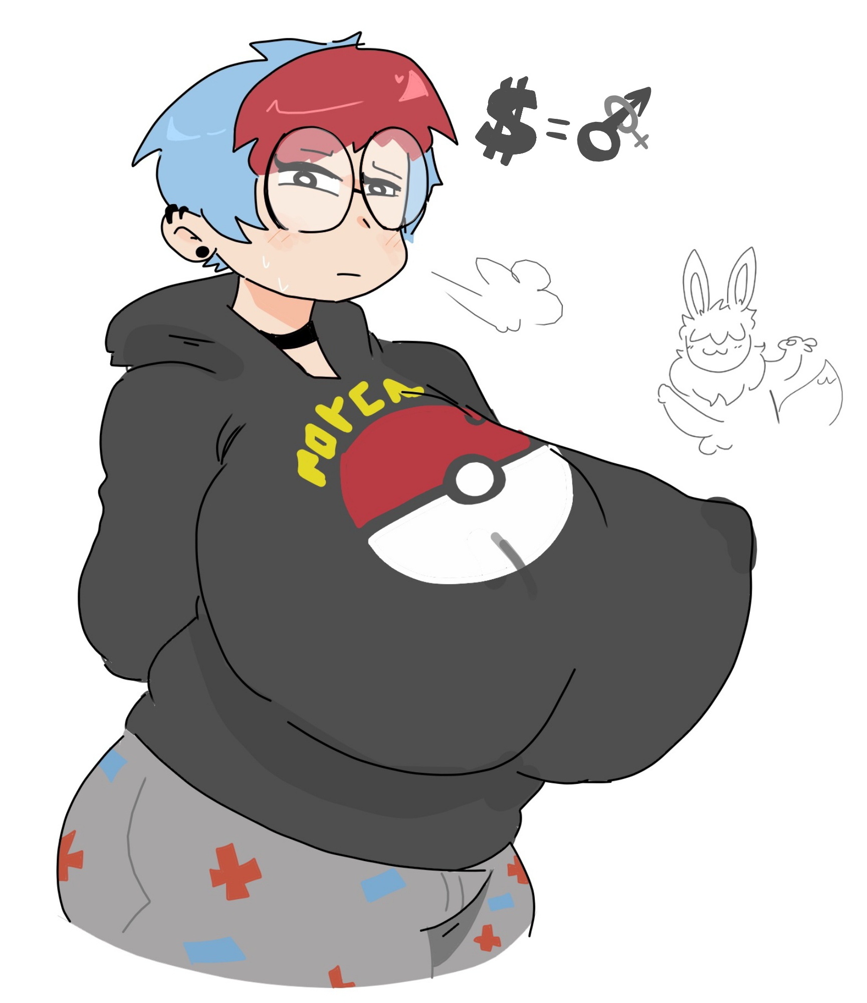 1boy, 1girls, alternate breast size, big breasts, breasts, breasts bigger than head, chubby, clothes, dick, dyed hair, eevee, errorplush, female, glasses, hoodie, huge breasts, human, large breasts, light skin, light-skinned female, looking at viewer, male, pale skin, pale-skinned female, penis, penny (pokemon), piercing, pokeball, pokemon, pokemon (species), pokemon sv, prostitution, short hair, tail, top heavy