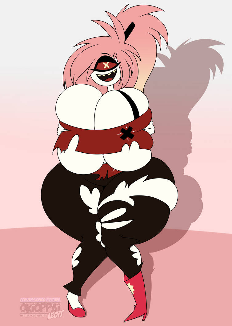 1 eye, 2023, ass, black legwear, breast focus, breast grab, breast squeeze, breast squish, breasts, breasts bigger than head, breasts bigger than torso, breasts bursting out, cherri bomb, cyclops, female, female only, fully clothed, gigantic ass, gigantic breasts, gloves, grin, hazbin hotel, hips wider than shoulders, huge ass, huge breasts, huge thighs, lidded eye, light skin, light-skinned female, long hair, looking at viewer, looking back, messy hair, mismatched footwear, okioppai, pale skin, pale-skinned female, pink hair, ponytail, red, red shirt, red skirt, ripped clothing, ripped pants, ripped stockings, sharp teeth, skirt, spiky hair, stockings, tank top, thick ass, thick thighs, vivienne medrano, white body, white skin, wide hips