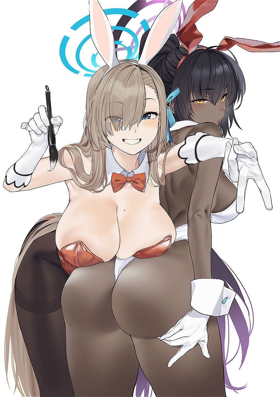 2girls alternate_version_available ass asuna_(blue_archive) asuna_(bunny)_(blue_archive) asuna_(bunny_girl)_(blue_archive) blonde_hair blue_archive blue_eyes breasts brown_skin bubble_butt bunny_ears bunny_tail bunnysuit chocolate_and_vanilla dark-skinned_female dark_skin dat_ass female gloves hair_over_one_eye huge_ass huge_breasts karin_(blue_archive) karin_(bunny)_(blue_archive) karin_(bunny_girl)_(blue_archive) light-skinned_female light_skin long_hair new_year new_year_2023 ponytail rabbit_ears sakerukito smile thick_ass thick_thighs very_long_hair white_gloves wide_hips year_of_the_rabbit yellow_eyes