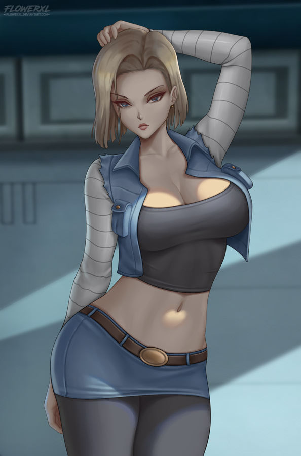 1girls, 2d, android 18, arm behind back, arm behind head, artist logo, bangs, belt, black pantyhose, black shirt, blonde hair, blue eyes, blue skirt, breasts, cleavage, cropped jacket, cropped shirt, denim, denim jacket, detailed background, dragon ball, dragon ball z, earrings, expressionless, female, flowerxl, jacket, jewelry, large breasts, light skin, light-skinned female, looking at viewer, midriff, navel, pale skin, pale-skinned female, pantyhose, parted bangs, shirt, short hair, skirt, sleeveless, sleeveless jacket, solo, widescreen