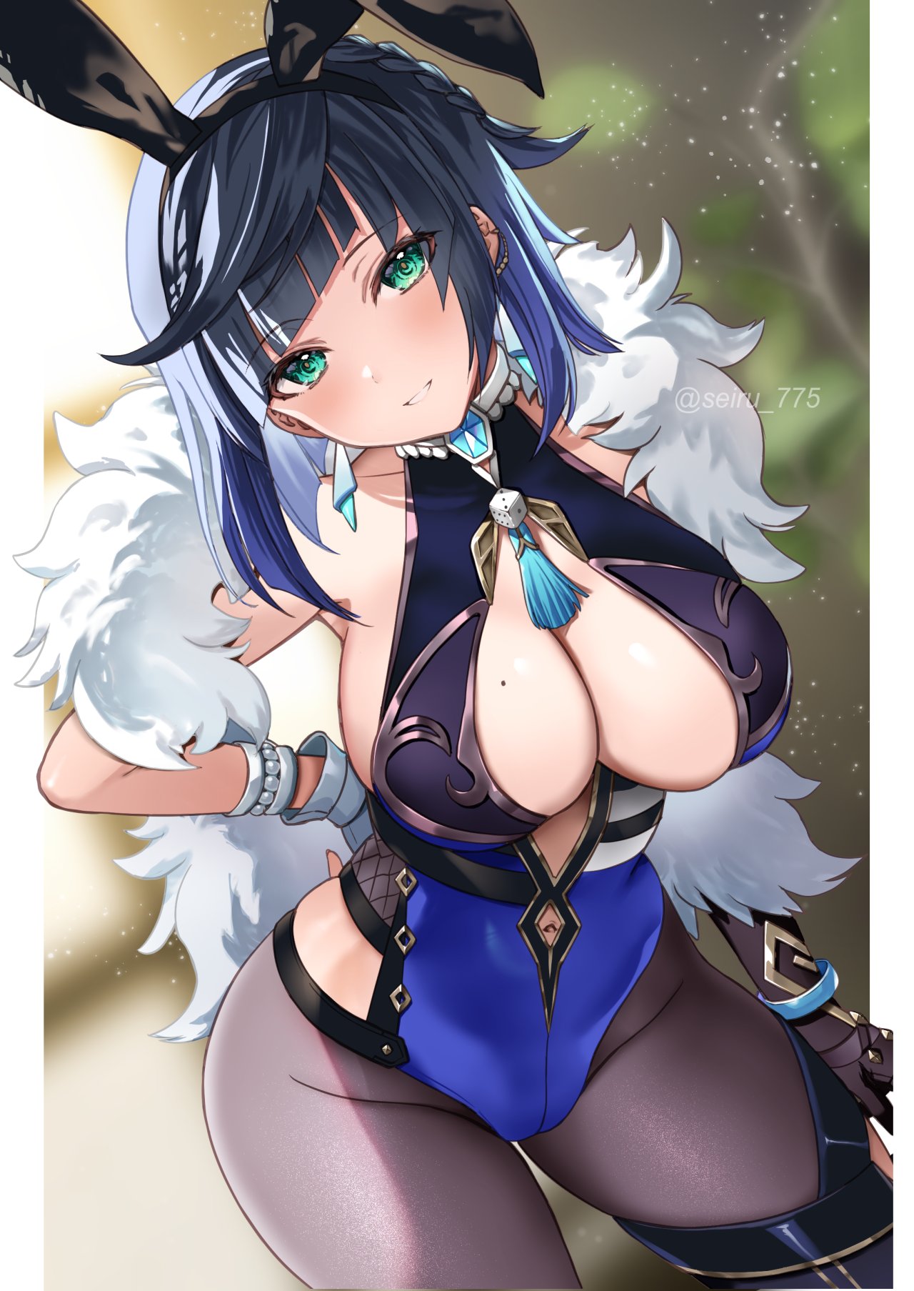 1girls asymmetrical_gloves bangs bare_shoulders big_breasts black_hair blue_hair blue_leotard blush bob_cut bunny_ears cleavage cleavage_cutout clothing_cutout diagonal_bangs dice earrings feather_boa fur_trim genshin_impact gloves green_eyes grin highleg highleg_leotard highres jewelry large_breasts leotard looking_at_viewer mole mole_on_breast multicolored_hair navel navel_cutout pantyhose playboy_bunny seiru_(prairie) short_hair smile solo tagme tassel thick_thighs thighs two-tone_hair yelan_(genshin_impact)