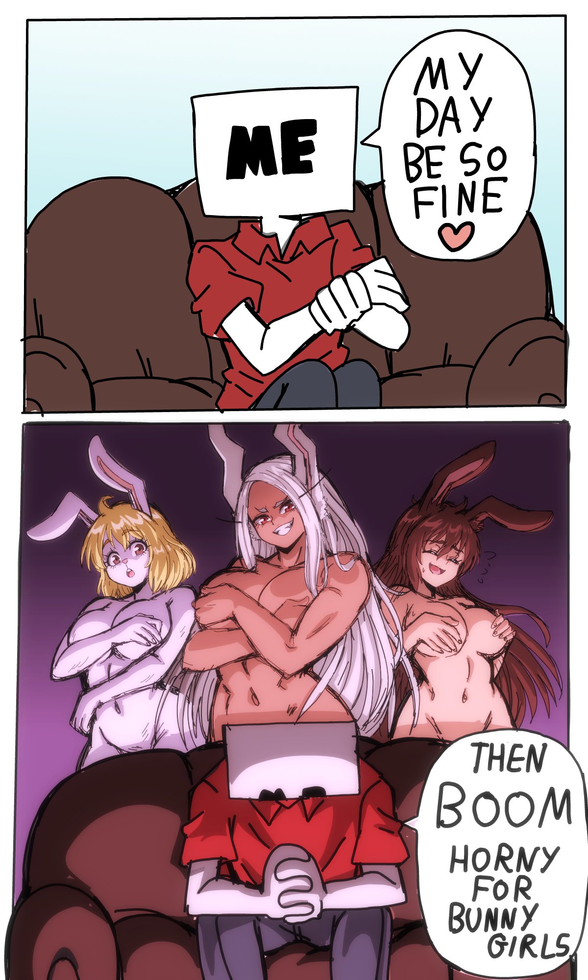 1boy 3girls anthro big_breasts breasts bunny_ears bunny_girl carrot_(one_piece) colored covered_breasts crossover eastern_and_western_character english_text faunus female humor iron_alchemist lewdamone long_hair male meme miruko my_day_be_so_fine my_hero_academia nude nude_female one_piece rumi_usagiyama rwby short_hair speech_bubble standing text velvet_scarlatina wide_hips year_of_the_rabbit