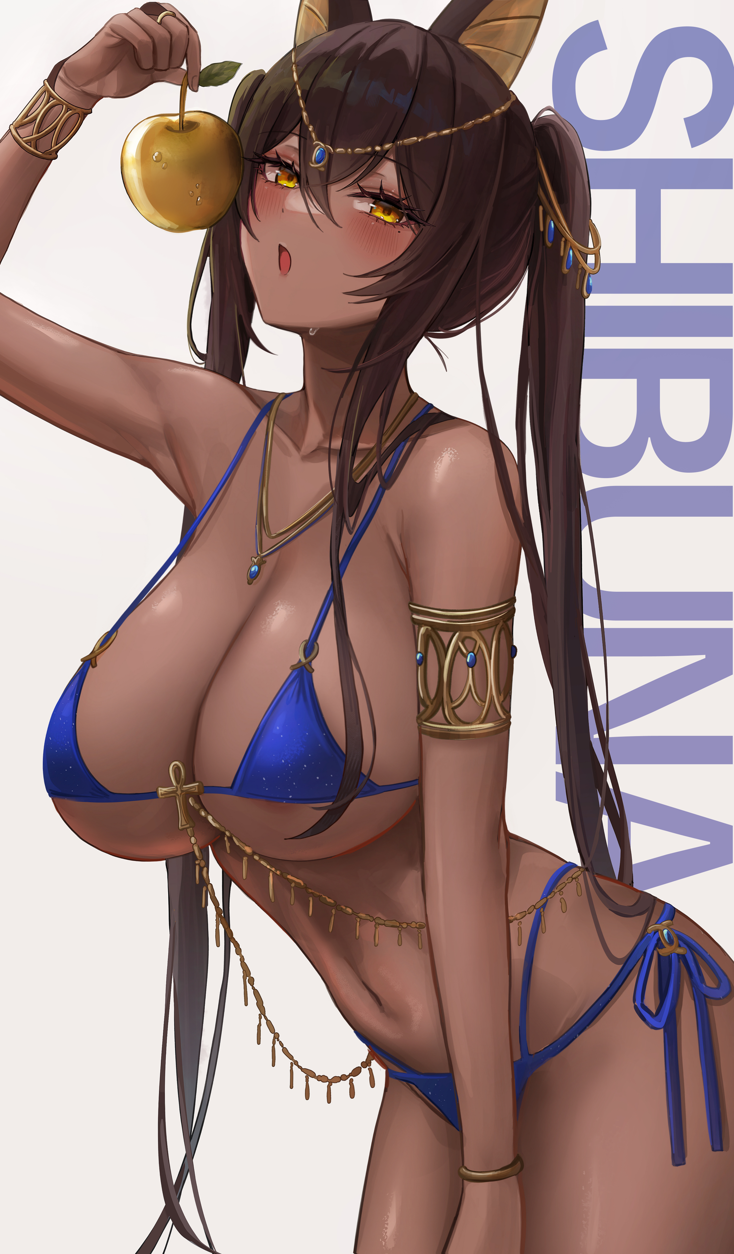1girls, animal ears, apple, bikini, biya, blue bikini, body jewelry, breasts, brown hair, brown skin, dark skin, dark-skinned female, egyptian, female, female only, golden apple, hips, holding object, huge breasts, original, original character, thick thighs, thighs, very high resolution, wide hips, yellow eyes