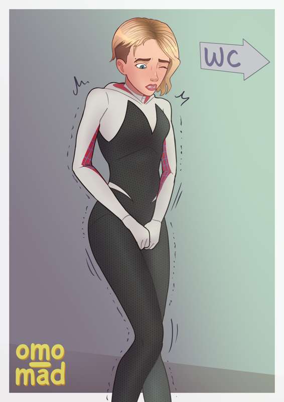 1girls blonde_hair eyebrow_piercing female female_only gwen_stacy have_to_pee jumpsuit marvel omo_mad omorashi solo spider-gwen spider-man:_into_the_spider-verse