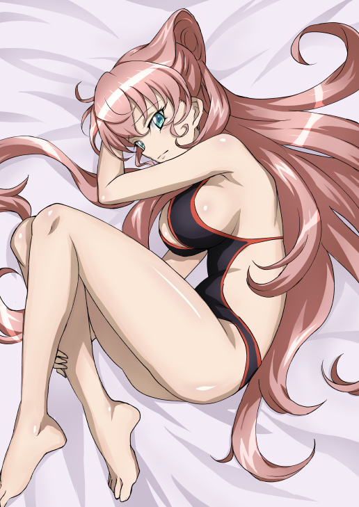 ass bare_shoulders barefoot bed_sheet black_one-piece_swimsuit blue_eyes blush breasts closed_mouth female fetal_position from_above frown fujikawa_daichi full_body large_breasts long_hair looking_at_viewer lying maria_cadenzavna_eve on_side one-piece_swimsuit pink_hair plantar_flexion senki_zesshou_symphogear shiny shiny_hair shiny_skin solo swimsuit