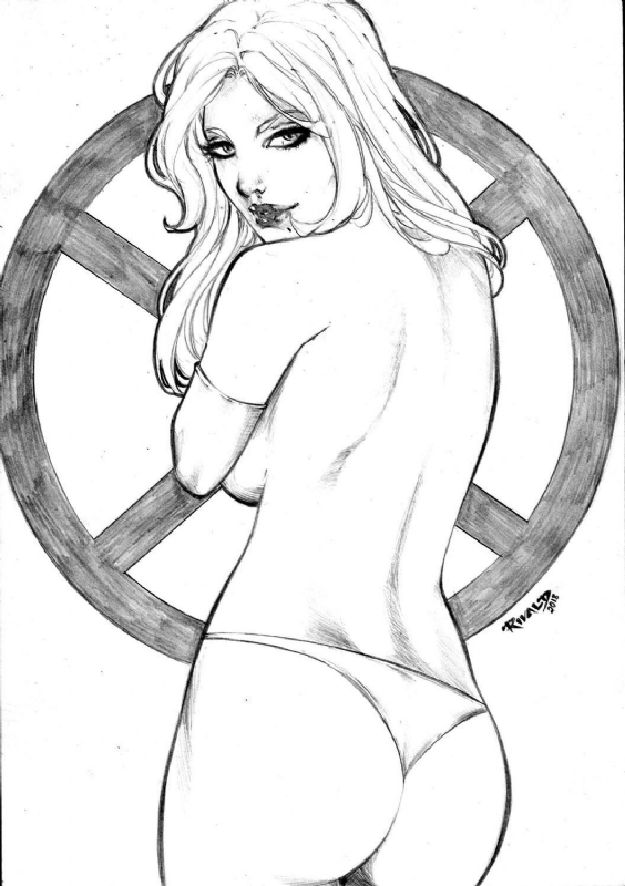 ass black_and_white dat_ass emma_frost looking_at_viewer looking_back marvel marvel_comics pinup rivald thong thong_panties topless topless_female white_queen x-men